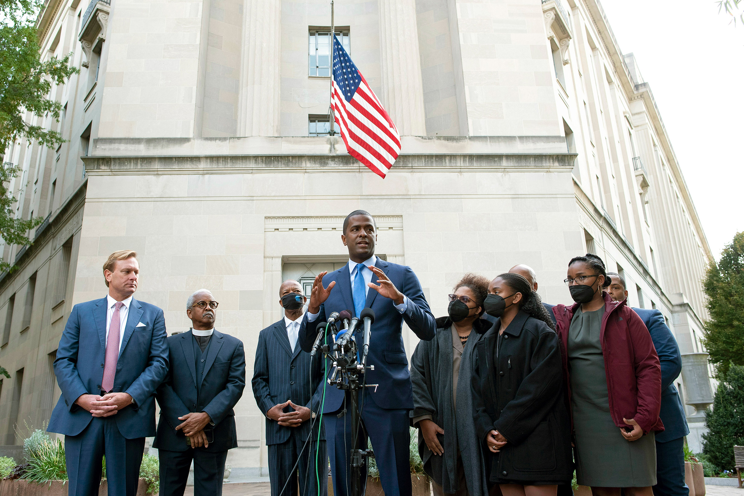 Bakari Sellers, the attorney for the families of victims killed in the 2015 Mother Emanuel AME Church massacre, speaks with reporters outside the Justice Department in Washington on Thursday, Oct. 28, 2021. 