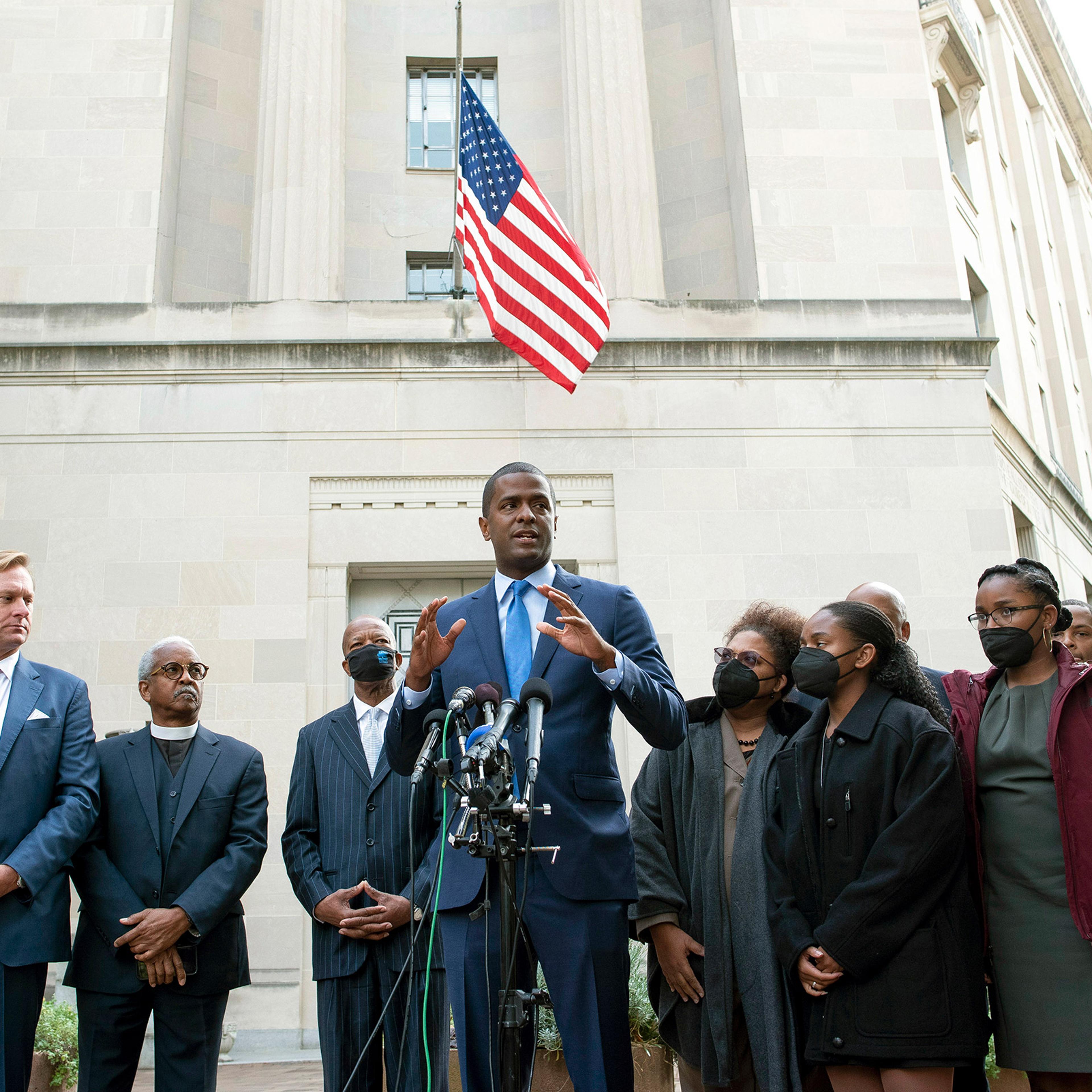 Bakari Sellers, the attorney for the families of victims killed in the 2015 Mother Emanuel AME Church massacre, speaks with reporters outside the Justice Department in Washington on Thursday, Oct. 28, 2021.