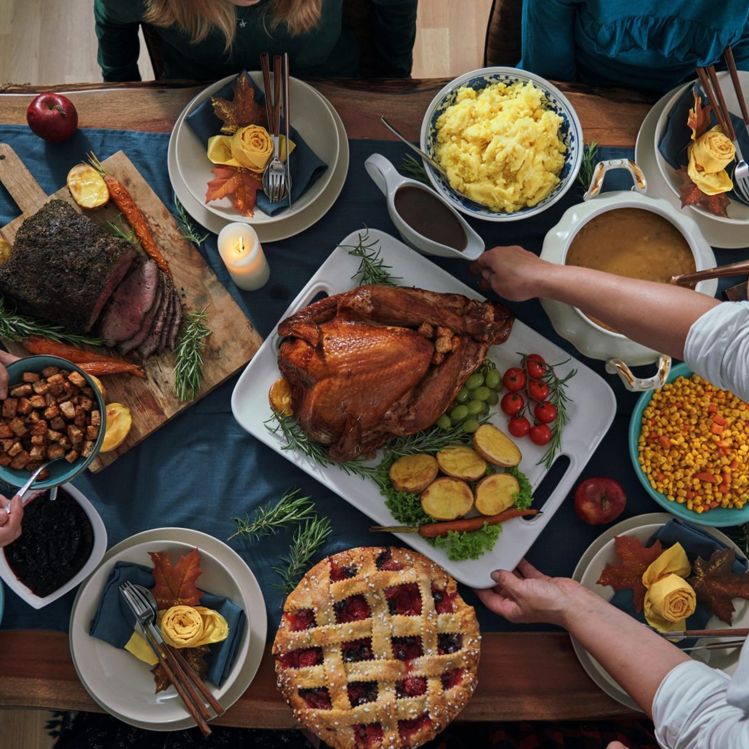 Stuffed Turkey for Thanksgiving Holidays with Pumpkin, Peas, Pecan, Berry Pie, Cheese Variations and Other Ingredient