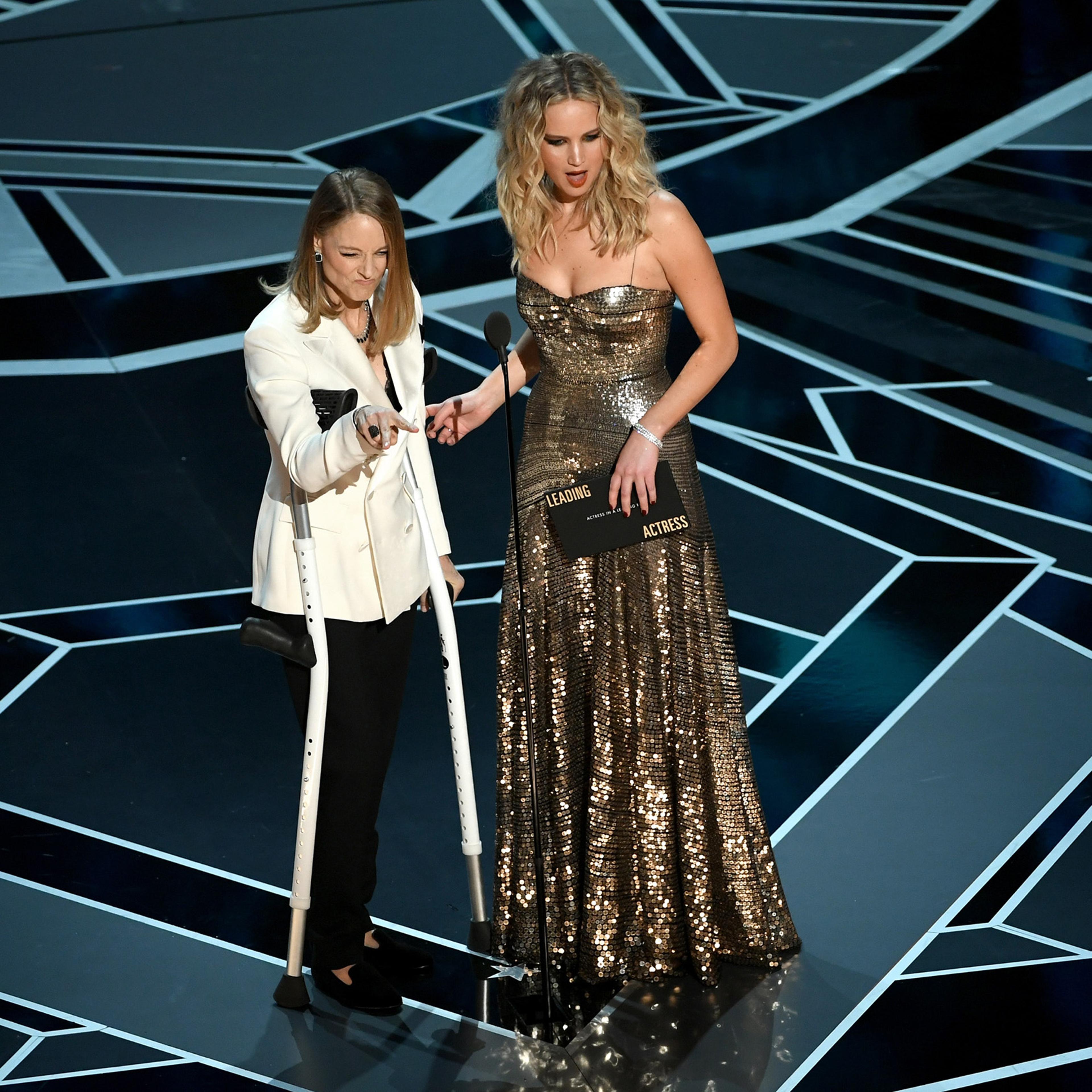 Actors Jodie Foster and Jennifer Lawrence speak onstage during the 90th Annual Academy Awards at the Dolby Theatre at Hollywood & Highland Center on March 4, 2018 in Hollywood.