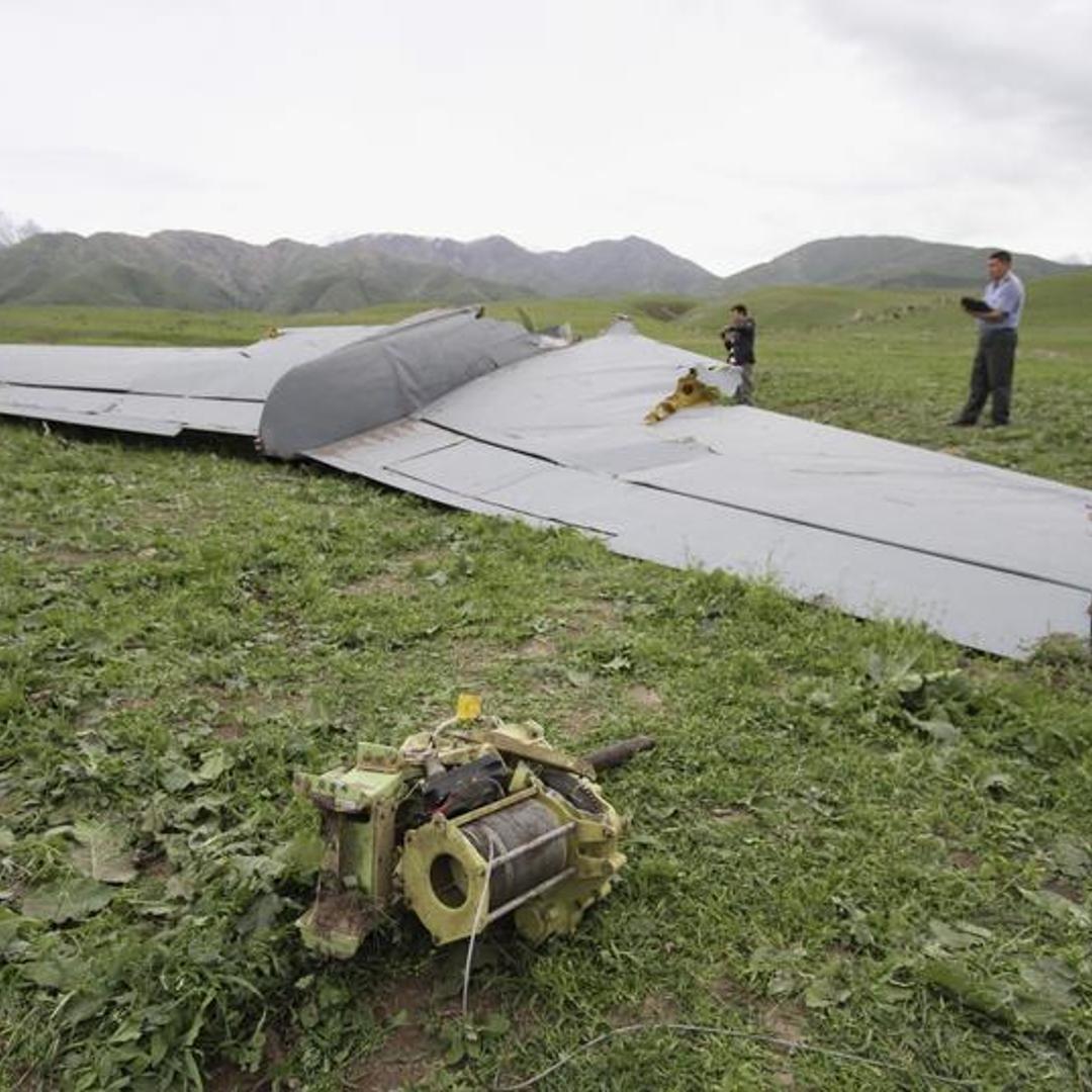 A view shows wreckage of Boeing KC-135 Stratotanker plane near site of crash near Kyrgyz village of Chaldovar