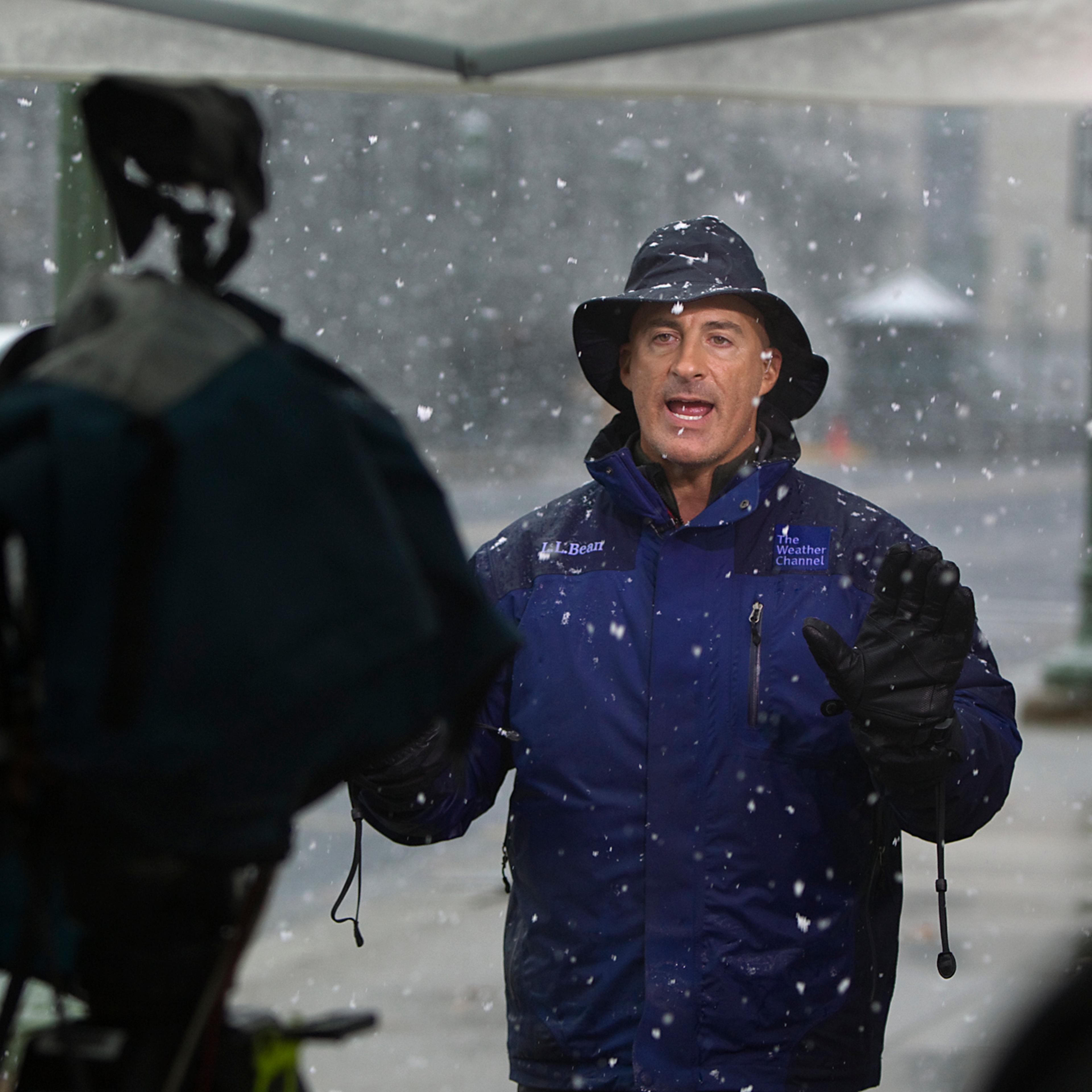 The Weather Channel host, Jim Cantore, goes live from Commonwealth Ave behind the Pennsylvania State Capitol Saturday, Oct. 29, 2011 in Harrisburg, PA