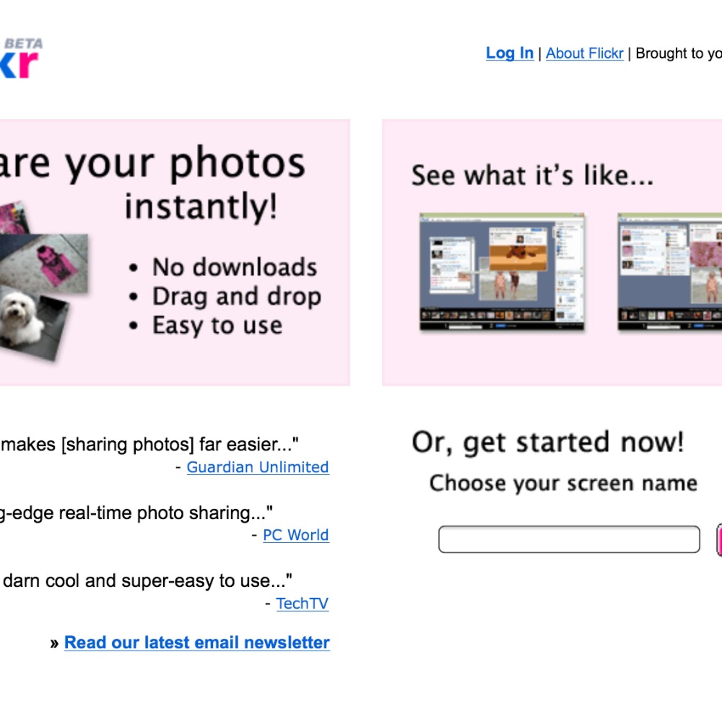 The Flickr homepage as it appeared in 2004, the year of the service's birth