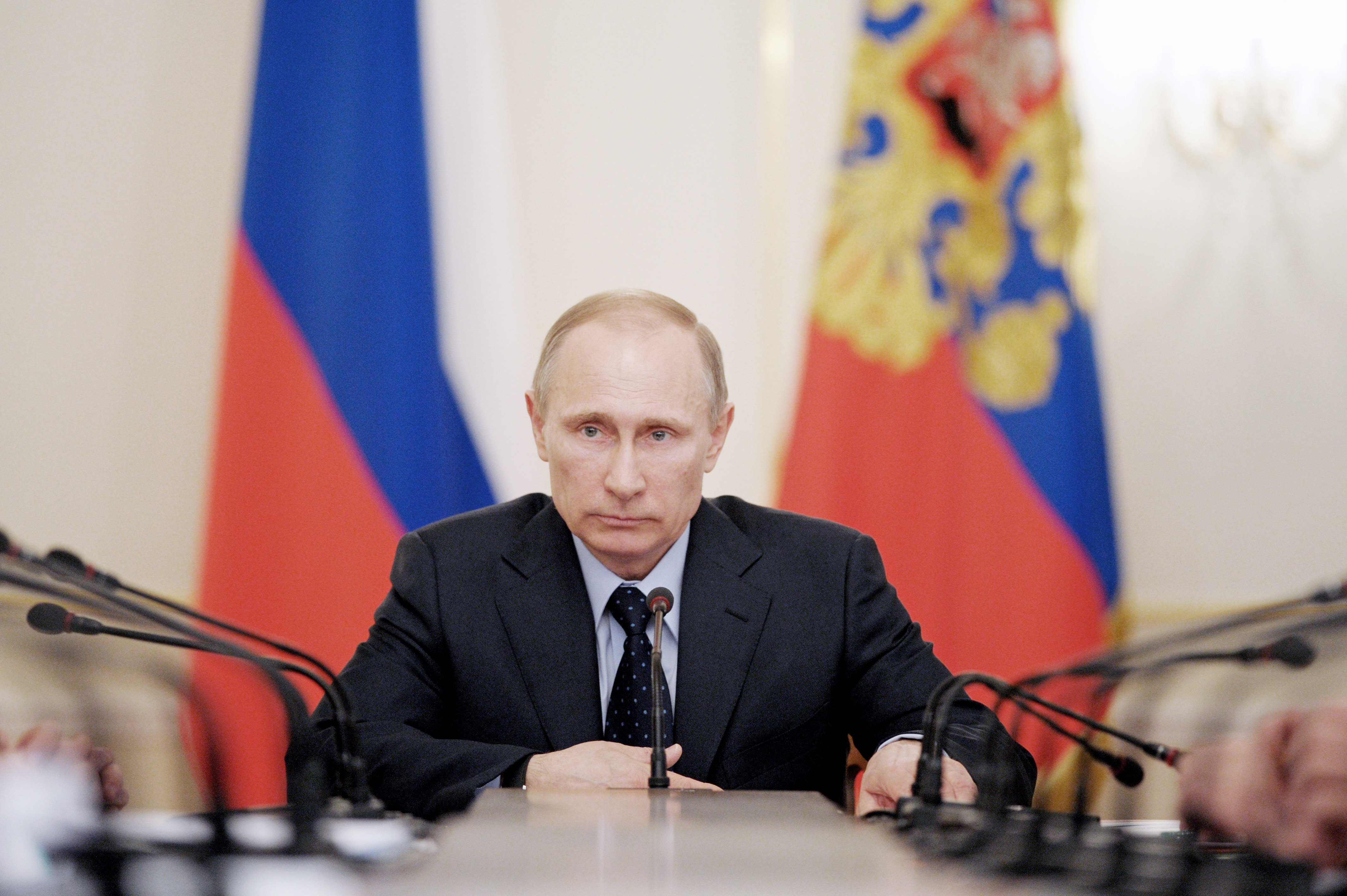 President of Russia Vladimir Putin holds a meeting with members of the government at Novo-Ogaryovo residence in Moscow on March 5, 2014.