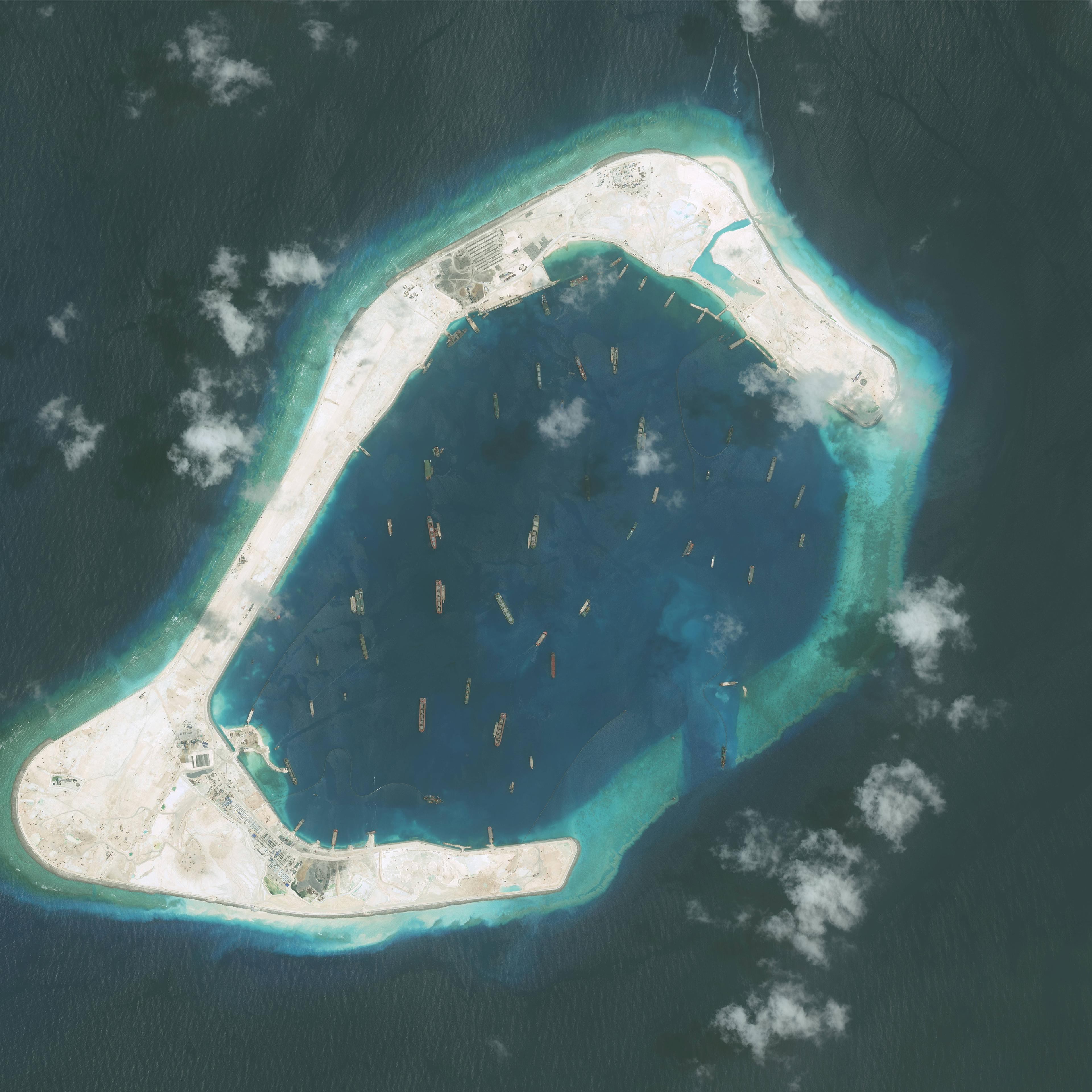 DigitalGlobe imagery of the Subi Reef in the South China Sea, a part of the Spratly Islands group. Photo DigitalGlobe via Getty Images.