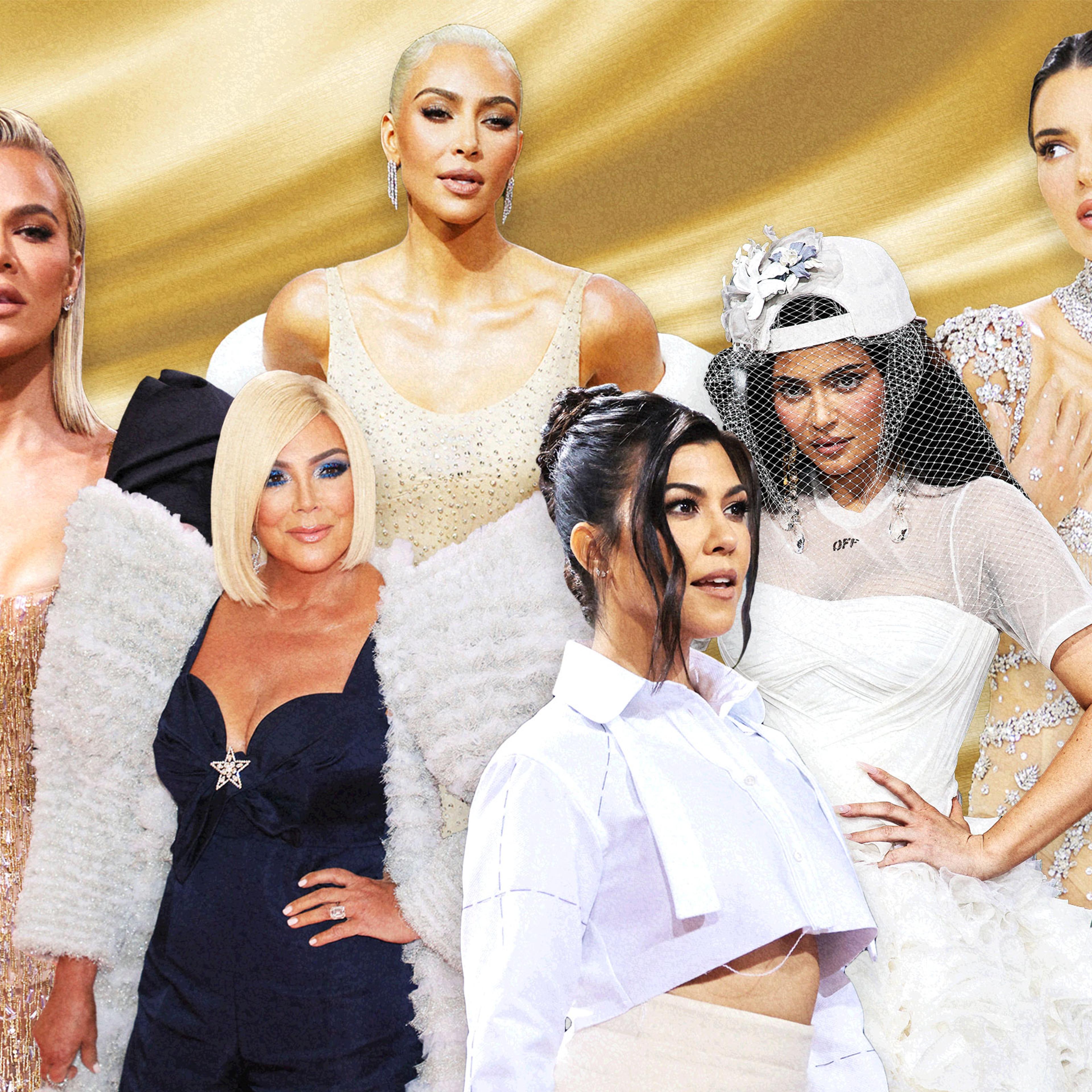 A collage of members of the Khloe, Kris, Kim and Kourtney Kardashian and Kylie and Kendall Jenner as different years of the met gala in New York