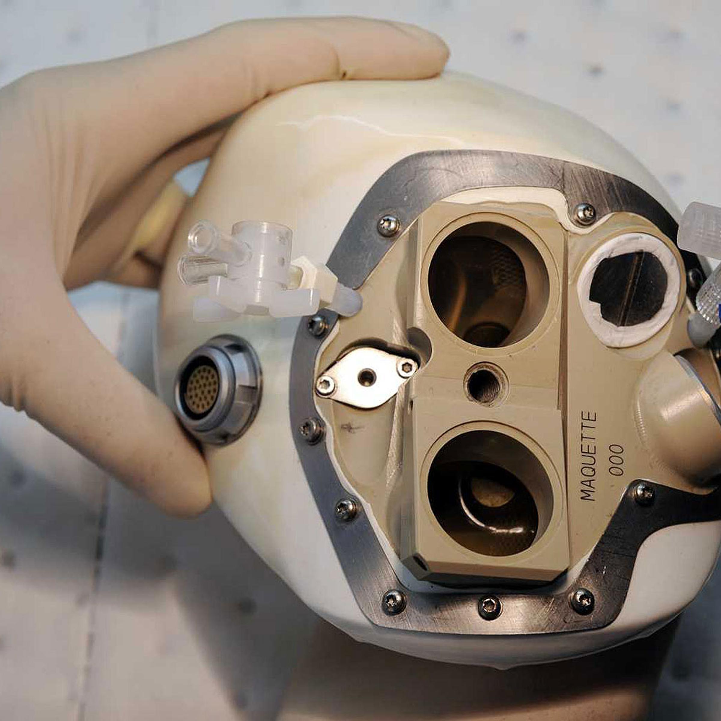 An employee of the French CARMAT company inspects an artificial heart on Sept. 24, 2009 in Velizy, Paris suburb