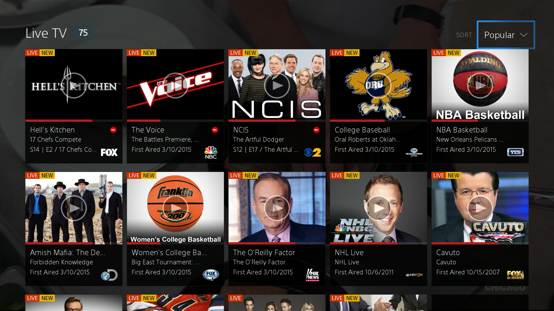 PlayStation Vue users can organize live programming by popularity rather than having to remember channel numbers