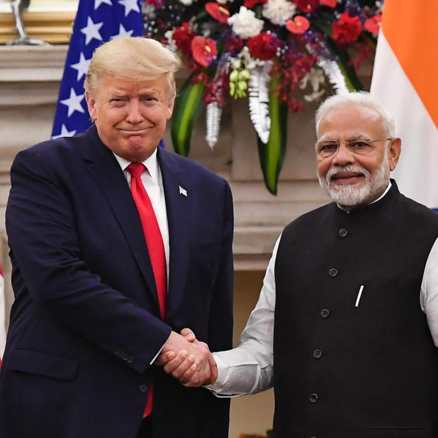 India's Prime Minister Narendra Modi shakes hands with former U.S. President Donald Trump before a meeting at Hyderabad House in New Delhi on Feb. 25, 2020.