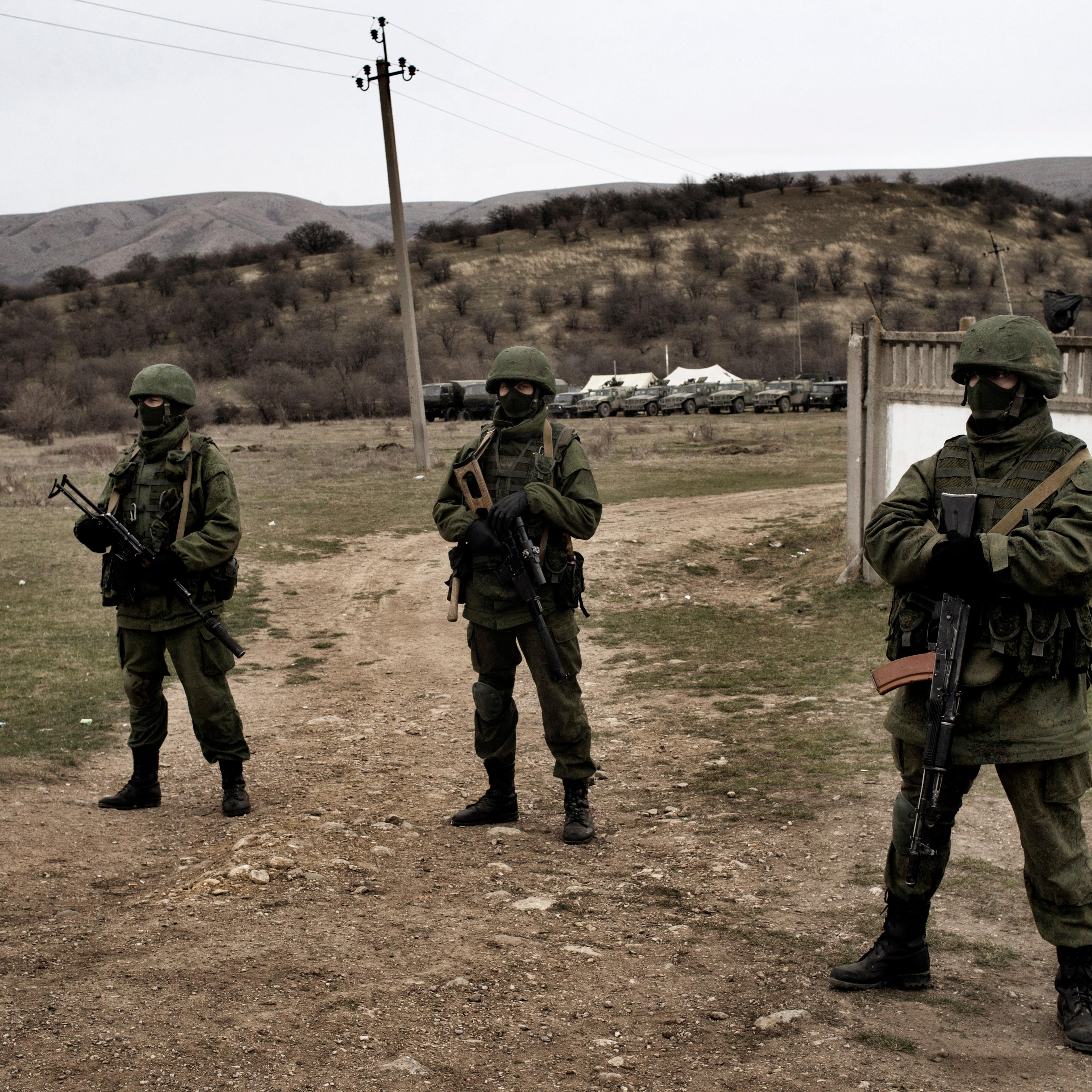 Some heavily armed soldiers without insignia had taken up positions around small Ukrainian military bases, but did not try to enter them, in Perevalnoye, Ukraine on March, 4 2014.