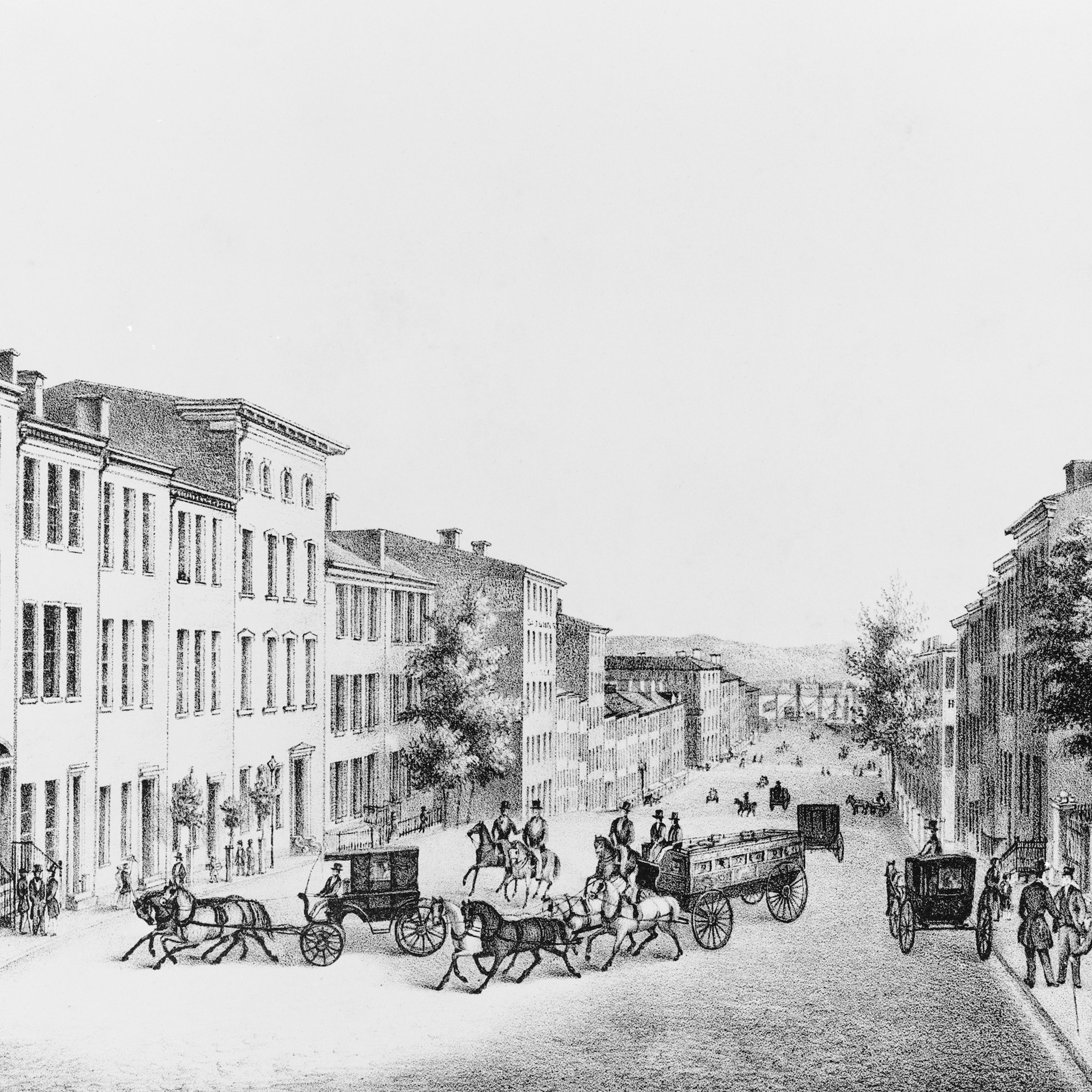 Lithograph Depicting Lower Broadway in the 1830s