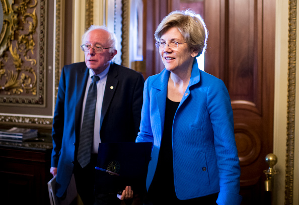 Sen. Bernie Sanders, I-Vt., and Sen. Elizabeth Warren, D-Mass., leave the Senate Democrats' policy luncheon on Tuesday, May 12, 2015.