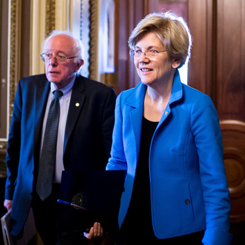 Sen. Bernie Sanders, I-Vt., and Sen. Elizabeth Warren, D-Mass., leave the Senate Democrats' policy luncheon on Tuesday, May 12, 2015.