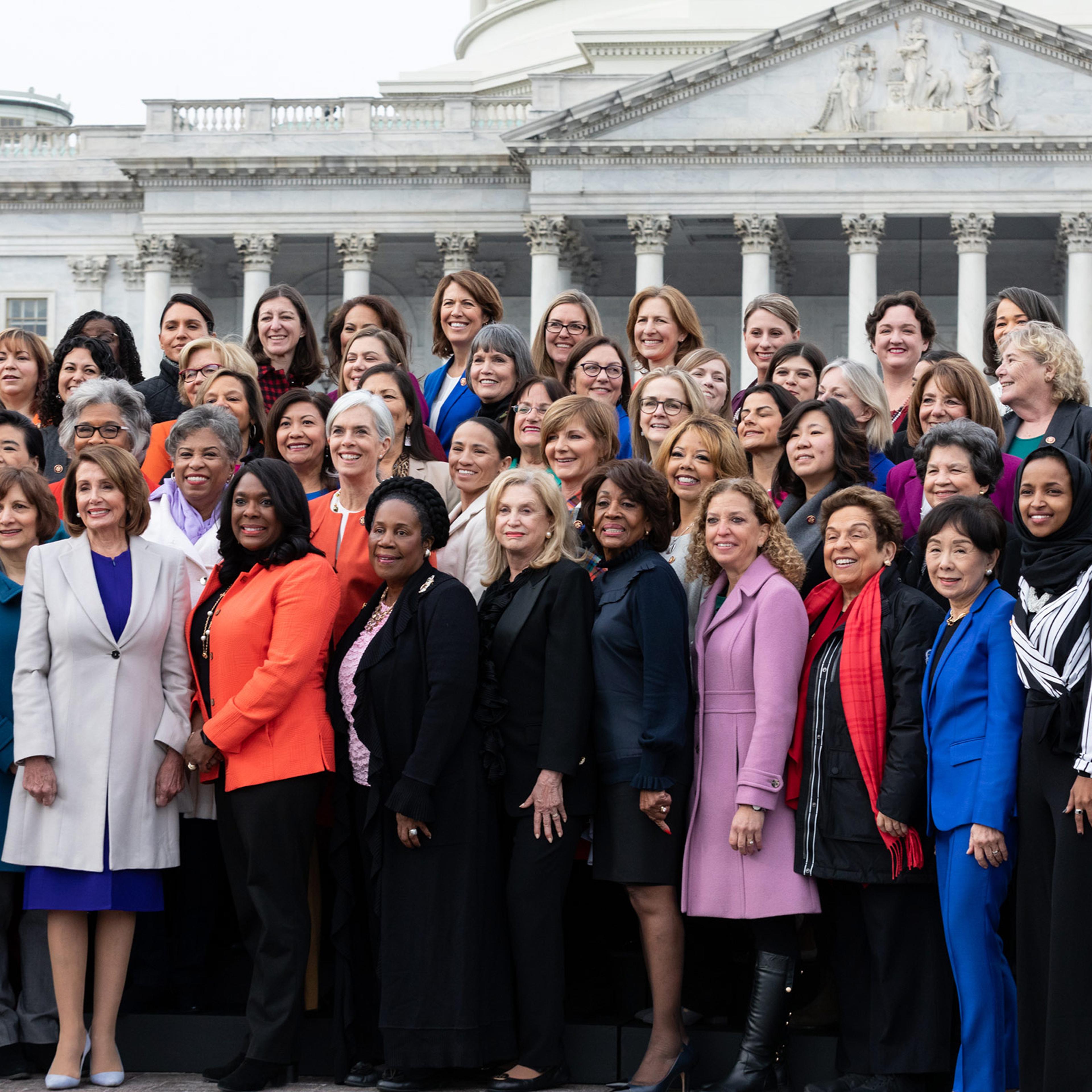 Speaker Nancy Pelosi (D-CA), (4th from left, front row), poses for a group photo with her fellow House Democratic women in front of the U.S. Capitol in Washington, DC, on January 4. The 116th Congress currently has the largest number of female members.