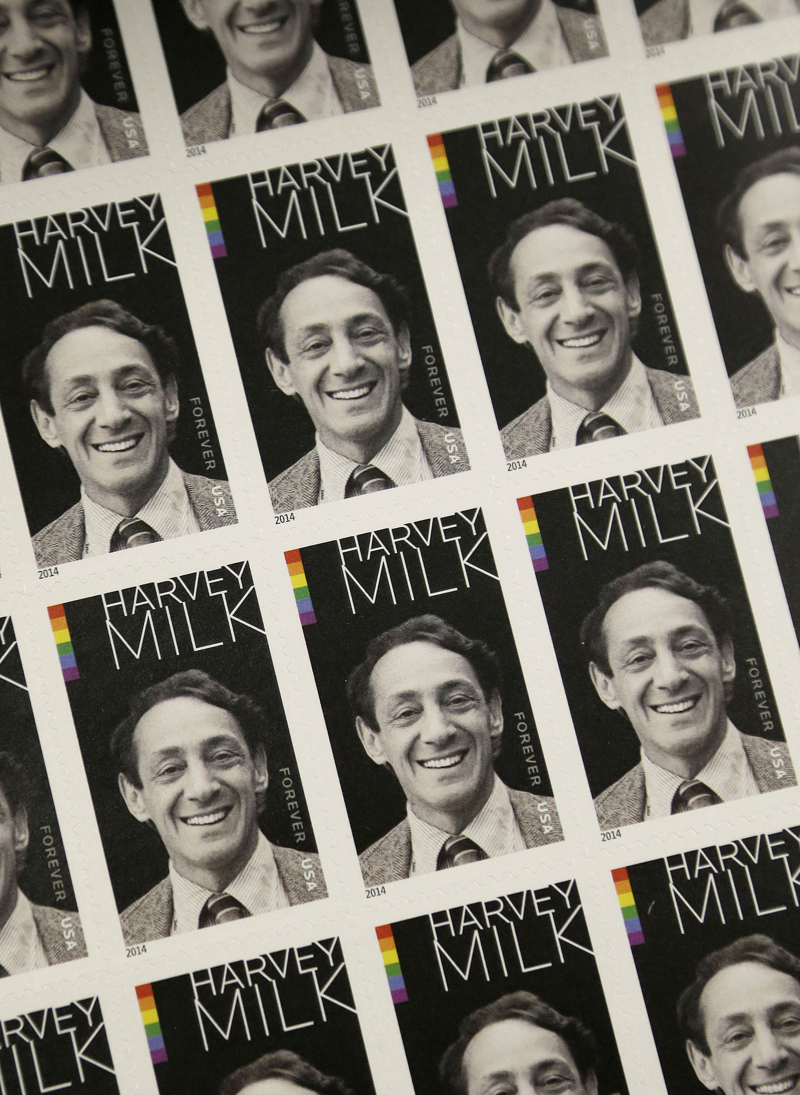 A sheet of commemorative stamps honoring Harvey Milk, the California politician and gay rights icon. are photographed at a U.S. Post Office in San Francisco, Thursday, May 22, 2014.