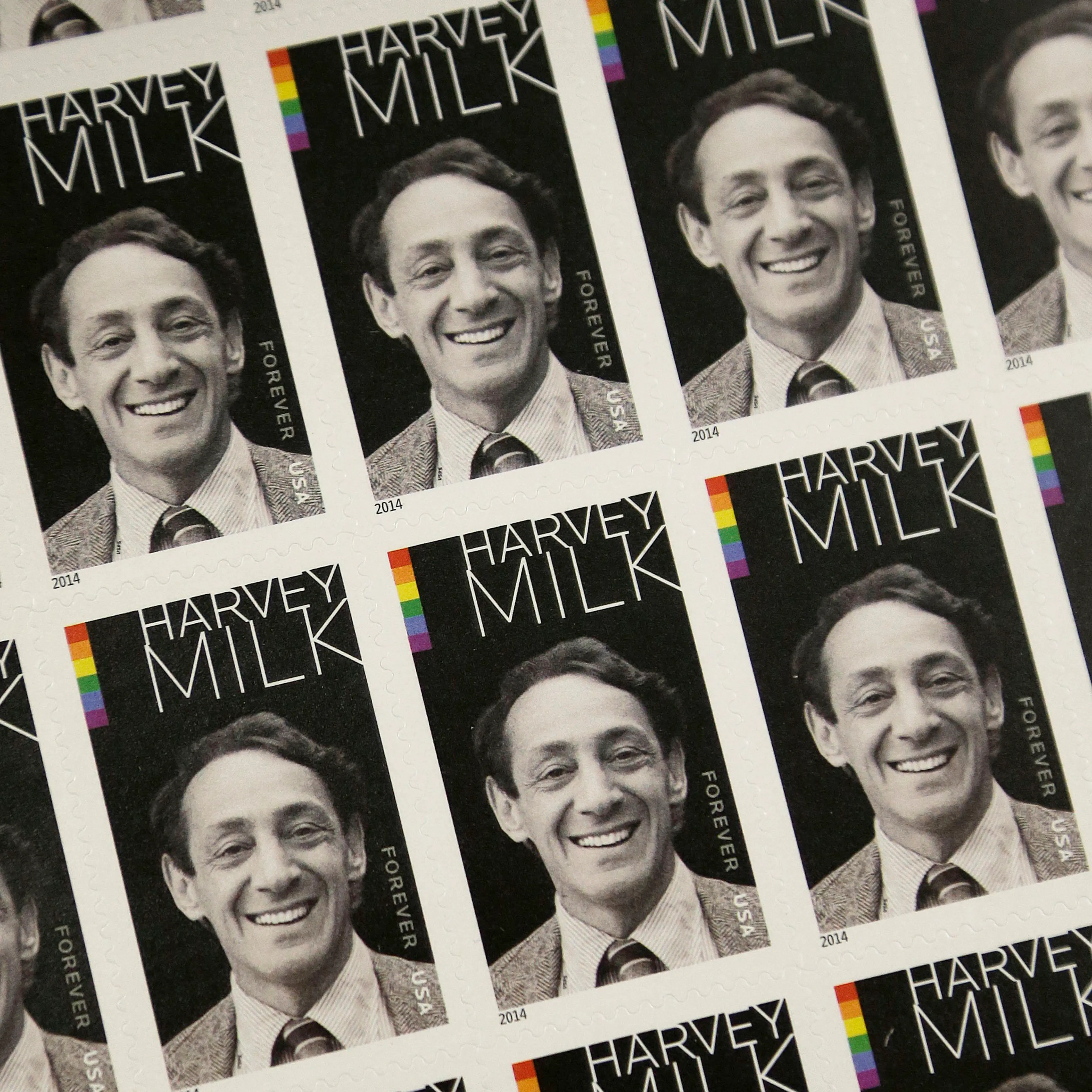 A sheet of commemorative stamps honoring Harvey Milk, the California politician and gay rights icon. are photographed at a U.S. Post Office in San Francisco, Thursday, May 22, 2014.