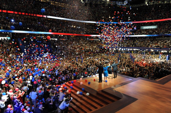 Balloons drop at the end of Republican presidential nominee Mitt Romney's address at the 2012 Republican National Convention at the Tampa Bay Times Forum on August 30, 2012 in Tampa, Florida.