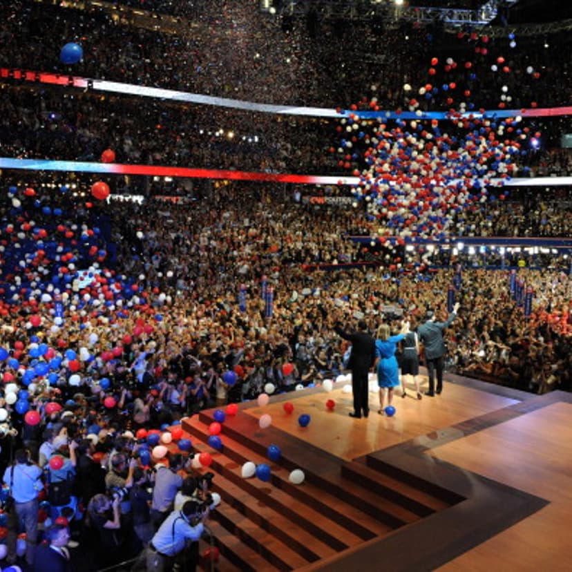 Balloons drop at the end of Republican presidential nominee Mitt Romney's address at the 2012 Republican National Convention at the Tampa Bay Times Forum on August 30, 2012 in Tampa, Florida.