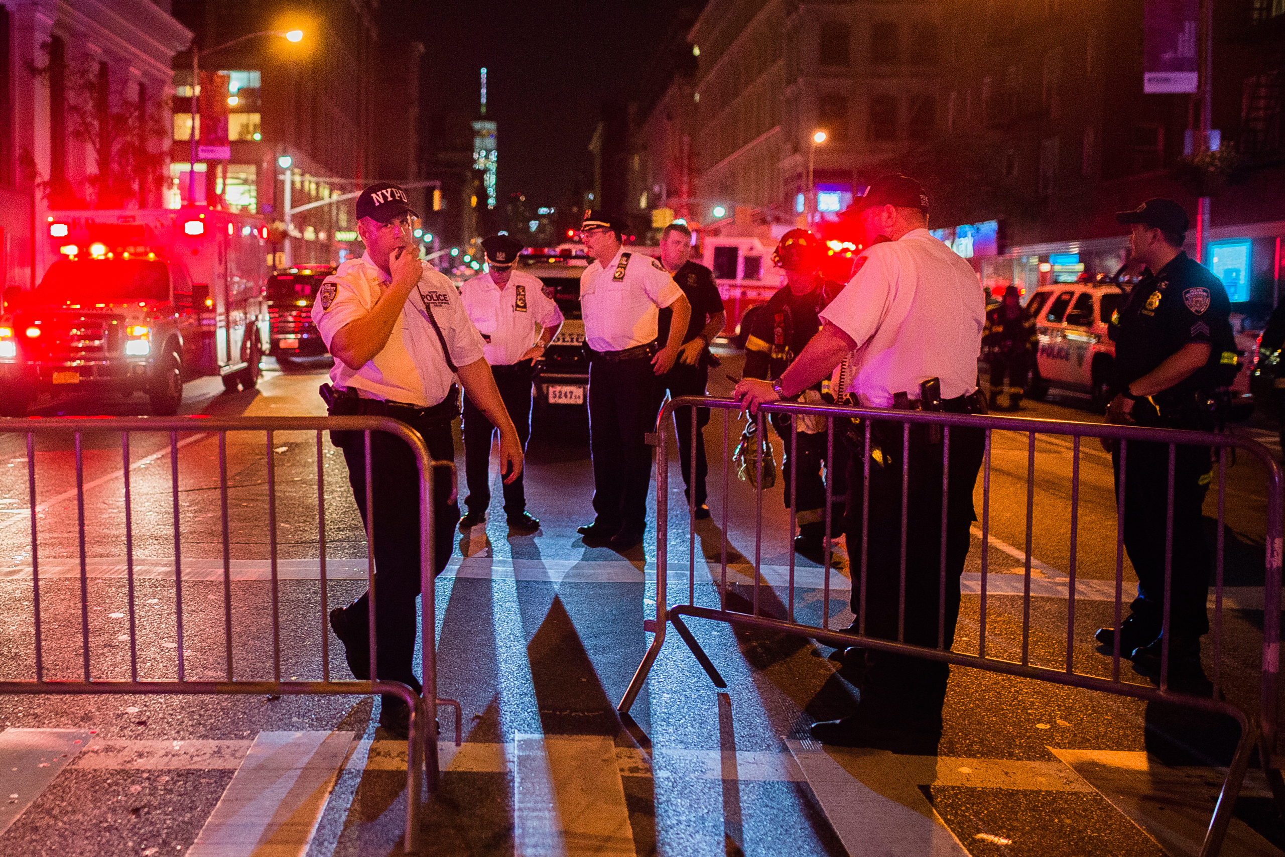 Police work near the scene of an explosion in Manhattan's Chelsea neighborhood, in New York, Saturday, Sept. 17, 2016. An explosion in a crowded Manhattan neighborhood on Saturday night left more than two dozen people injured, and authorities said a seco