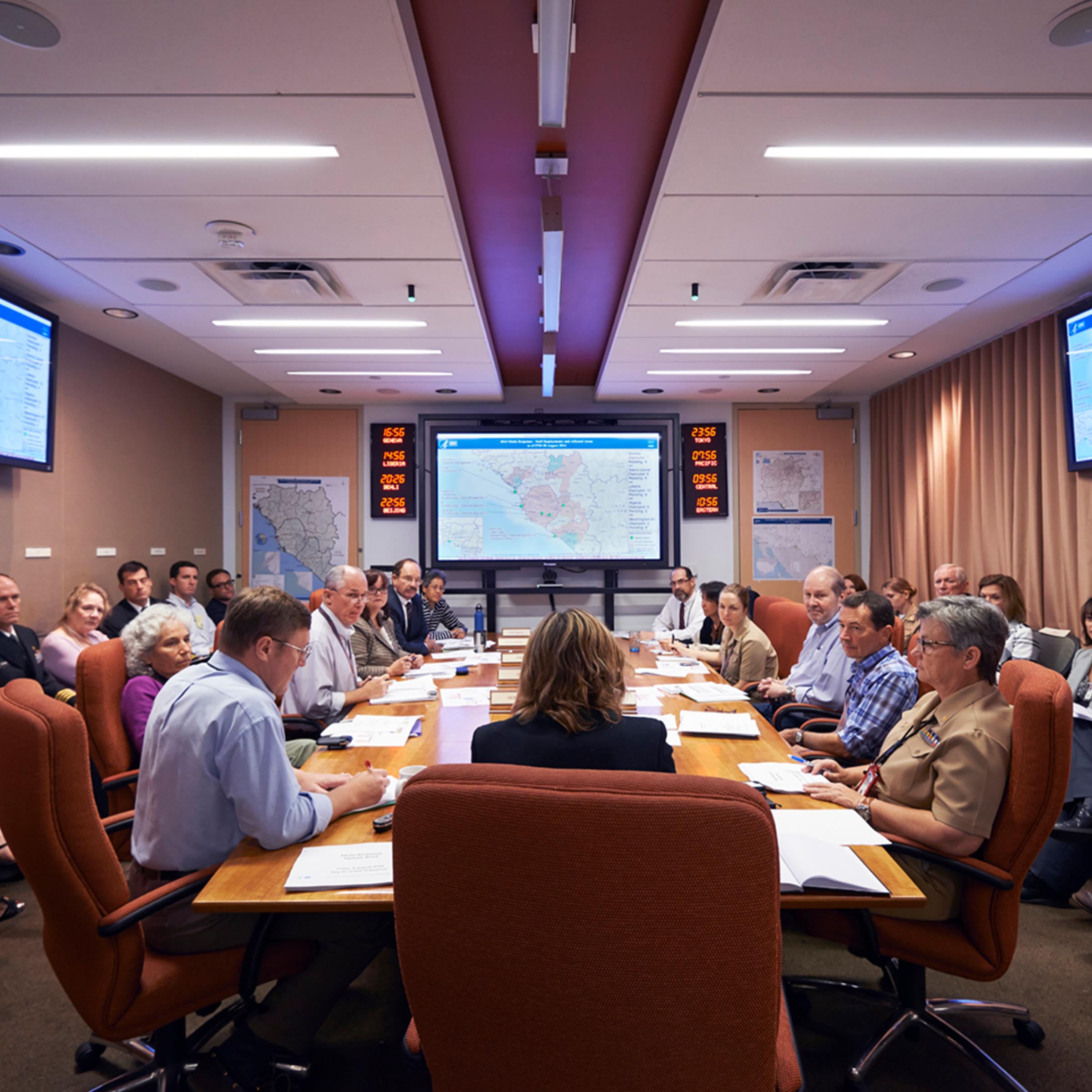 CDC leaders integral to the Ebola response, including epidemiologists, laboratorians, logistics, and more, assemble in agency’s command center to discuss next steps in directing the response at CDC Emergency operations center in Atlanta, August 8.