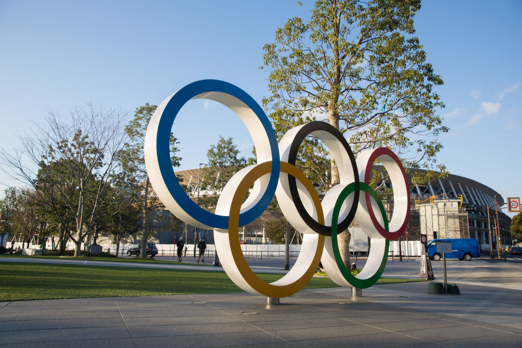 View of the Olympic Rings near the new National Stadium in