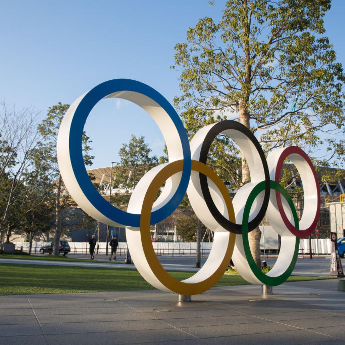 View of the Olympic Rings near the new National Stadium in