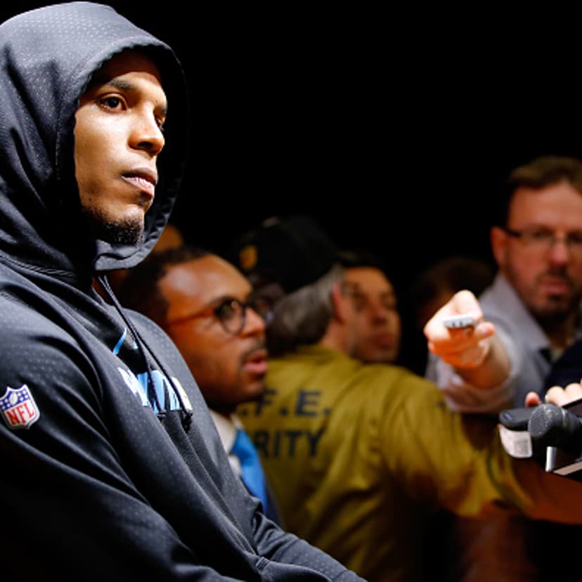 Cam Newton #1 of the Carolina Panthers reacts during his postgame press conference after the Denver Broncos defeated the Carolina Panthers with a score of 24 to 10 to win Super Bowl 50 at Levi's Stadium in Santa Clara, Calif., on Feb. 7, 2016.