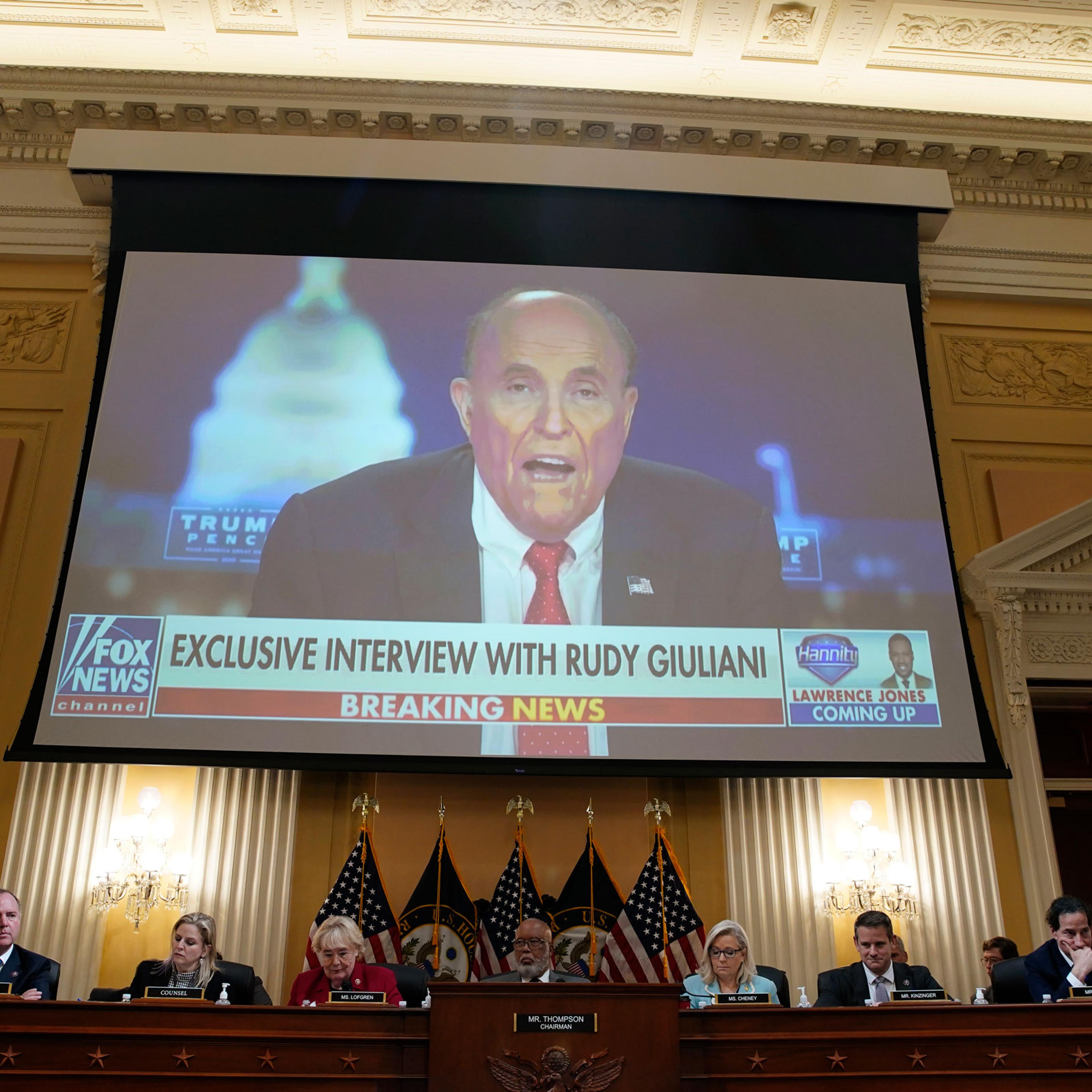 Rudy Giuliani, former lawyer to Donald Trump, displayed on a screen during a hearing of the Select Committee to Investigate the January 6th Attack on the US Capitol