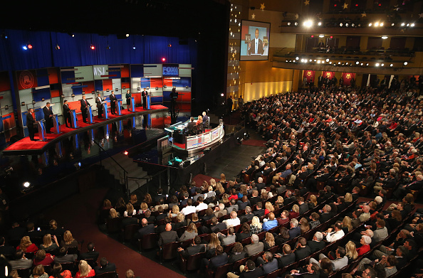 Presidential candidates Ohio Governor John Kasich (L-R), Jeb Bush, Sen. Marco Rubio (R-FL), Donald Trump, Ben Carson, Ted Cruz (R-TX), Carly Fiorina, and Sen. Rand Paul (R-KY) take part in the Republican Presidential Debate sponsored by Fox Business and 