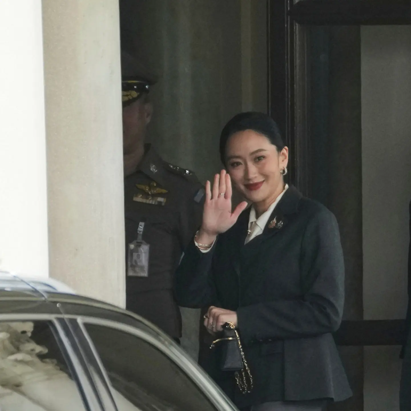 Thailand Prime Minister Paetongtarn Shinawatra, center, arrives at Government House in Bangkok, Thailand, on Aug. 29, 2025.