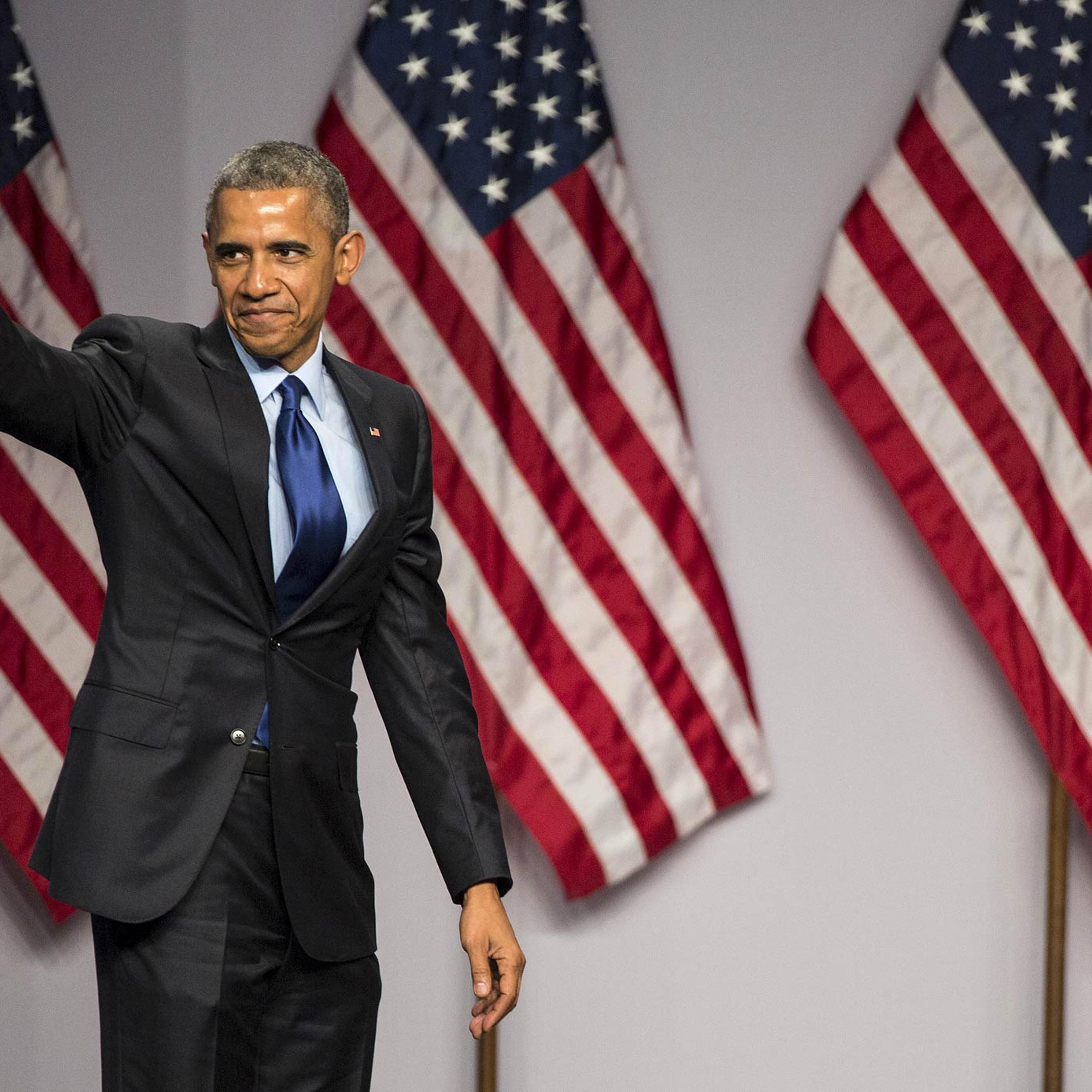 U.S. President Obama waves after speaking at the SelectUSA Investment Summit