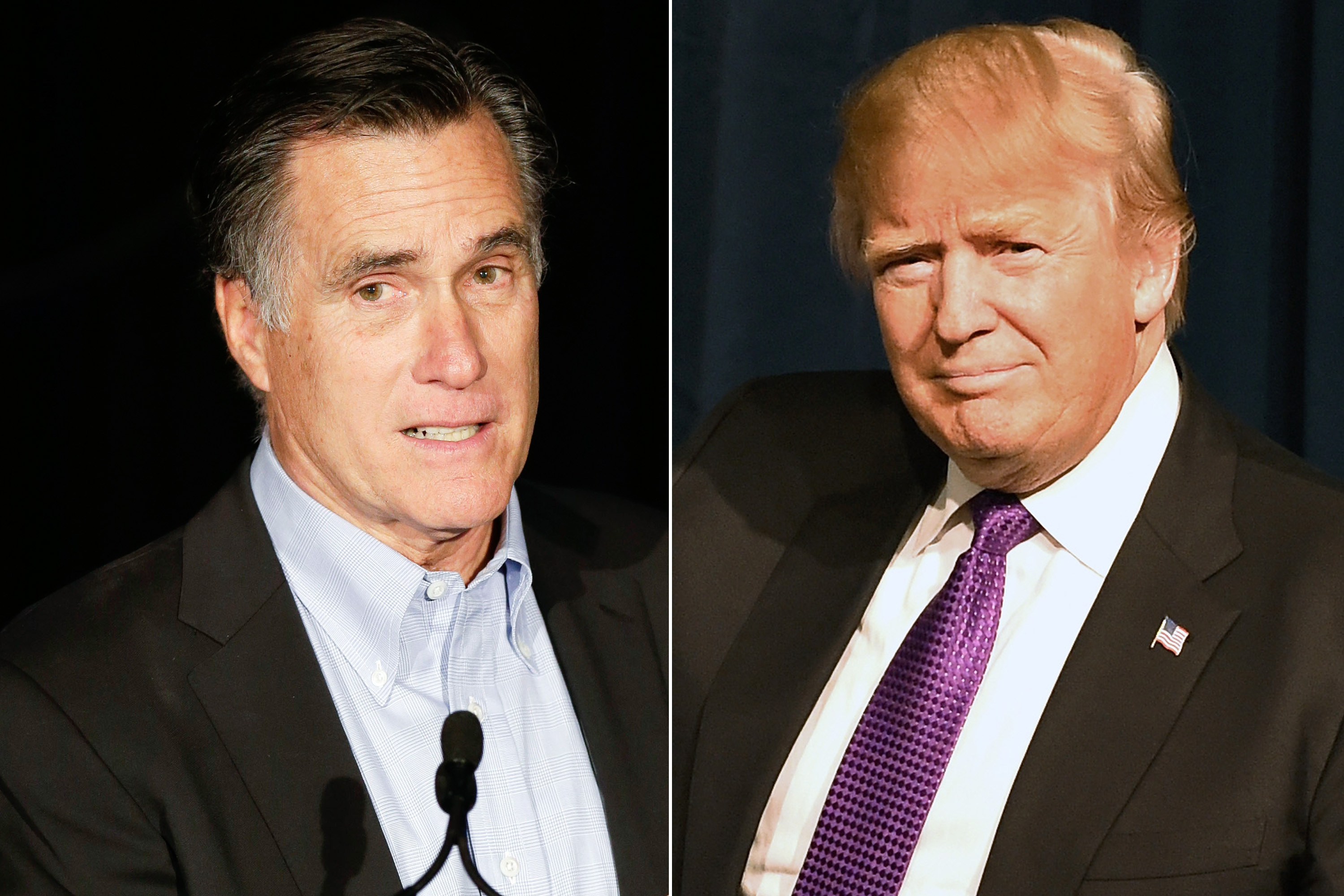 Left Mitt Romney speaks during the Republican National Committee's winter meeting aboard the USS Midway Museum in San Diego, Calif. on Jan. 16, 2015. Right Donald Trump waves as he arrives at a caucus night watch party at the Treasure Island Hotel & Casi