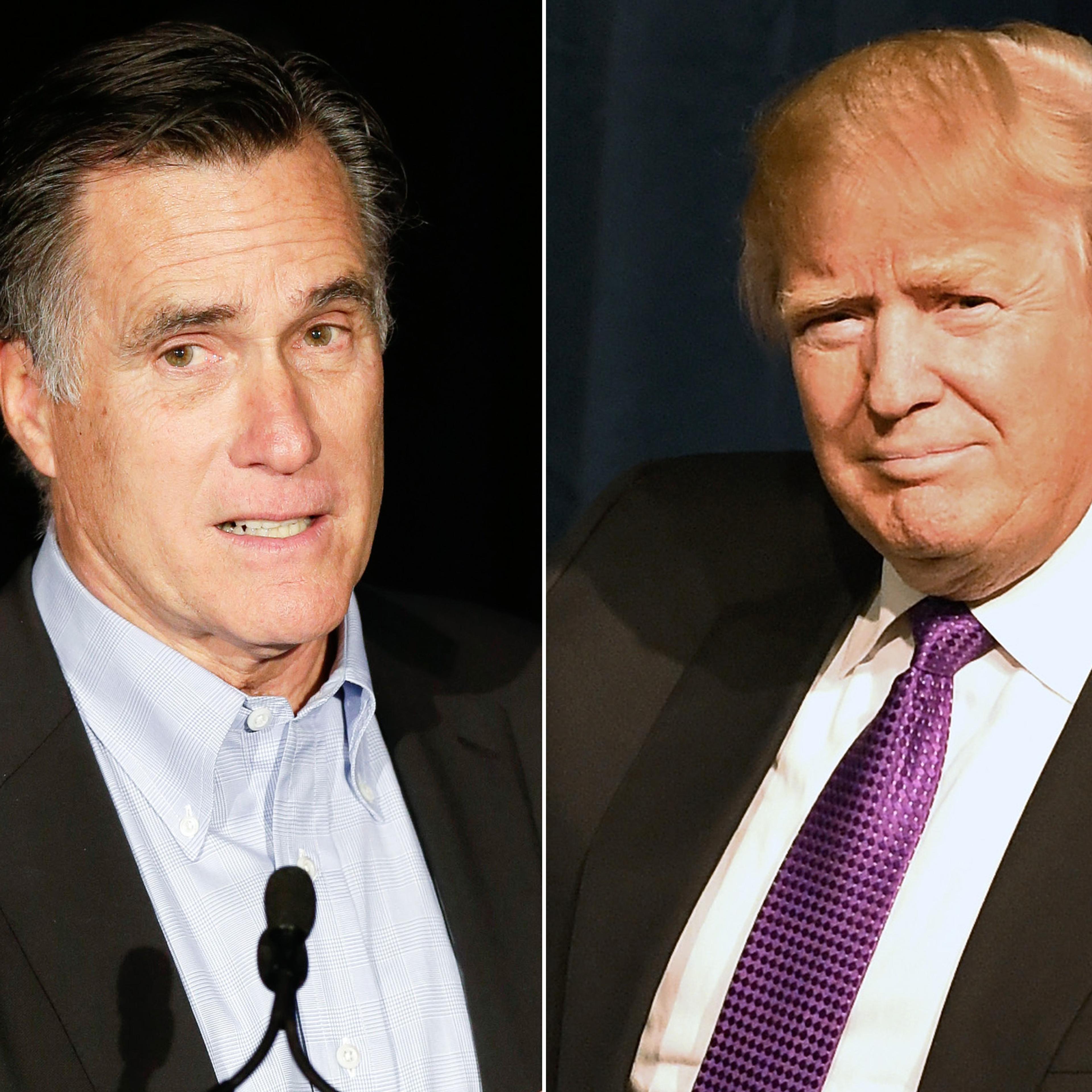 Left Mitt Romney speaks during the Republican National Committee's winter meeting aboard the USS Midway Museum in San Diego, Calif. on Jan. 16, 2015. Right Donald Trump waves as he arrives at a caucus night watch party at the Treasure Island Hotel & Casi