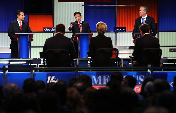 Republican presidential candidates (R-L) Jeb Bush, Sen. Marco Rubio (R-FL) and Sen. Ted Cruz (R-TX) participate in the Fox News - Google GOP Debate January 28, 2016 at the Iowa Events Center in Des Moines, Iowa.