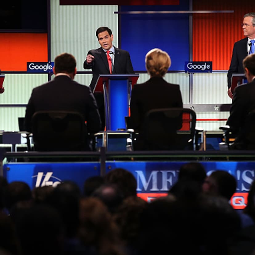 Republican presidential candidates (R-L) Jeb Bush, Sen. Marco Rubio (R-FL) and Sen. Ted Cruz (R-TX) participate in the Fox News - Google GOP Debate January 28, 2016 at the Iowa Events Center in Des Moines, Iowa.