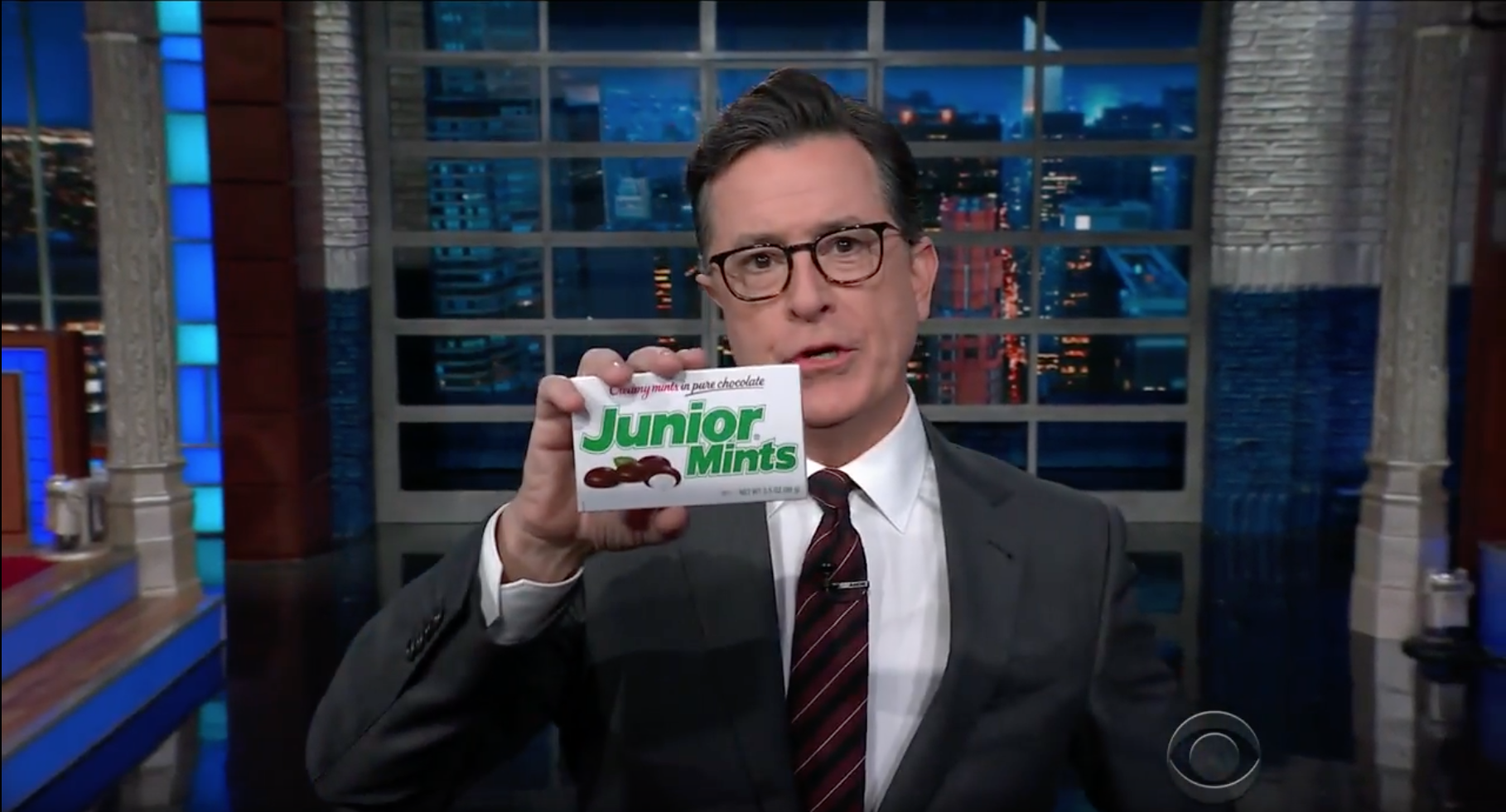 Stephen Colbert ends his pun-filled rant about Donald Trump Jr. with a fake "douche" chocolate bar on Nov. 1, 2017.