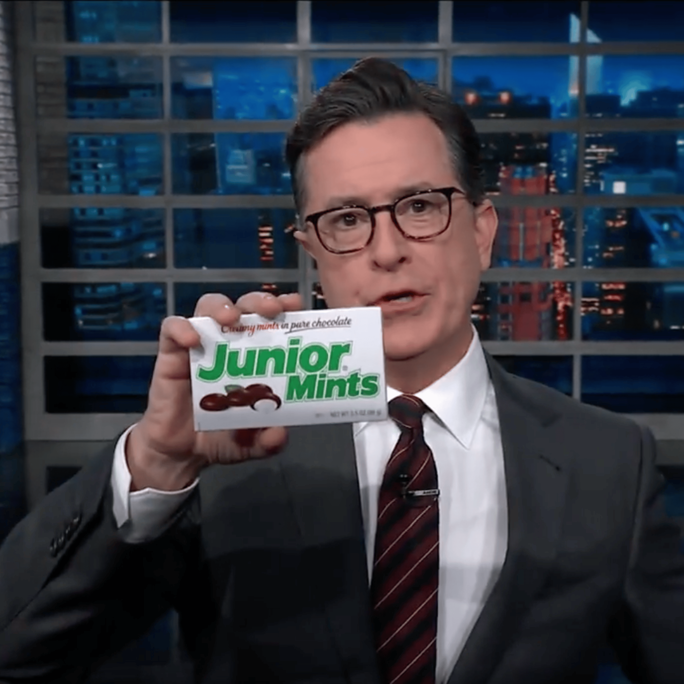 Stephen Colbert ends his pun-filled rant about Donald Trump Jr. with a fake "douche" chocolate bar on Nov. 1, 2017.
