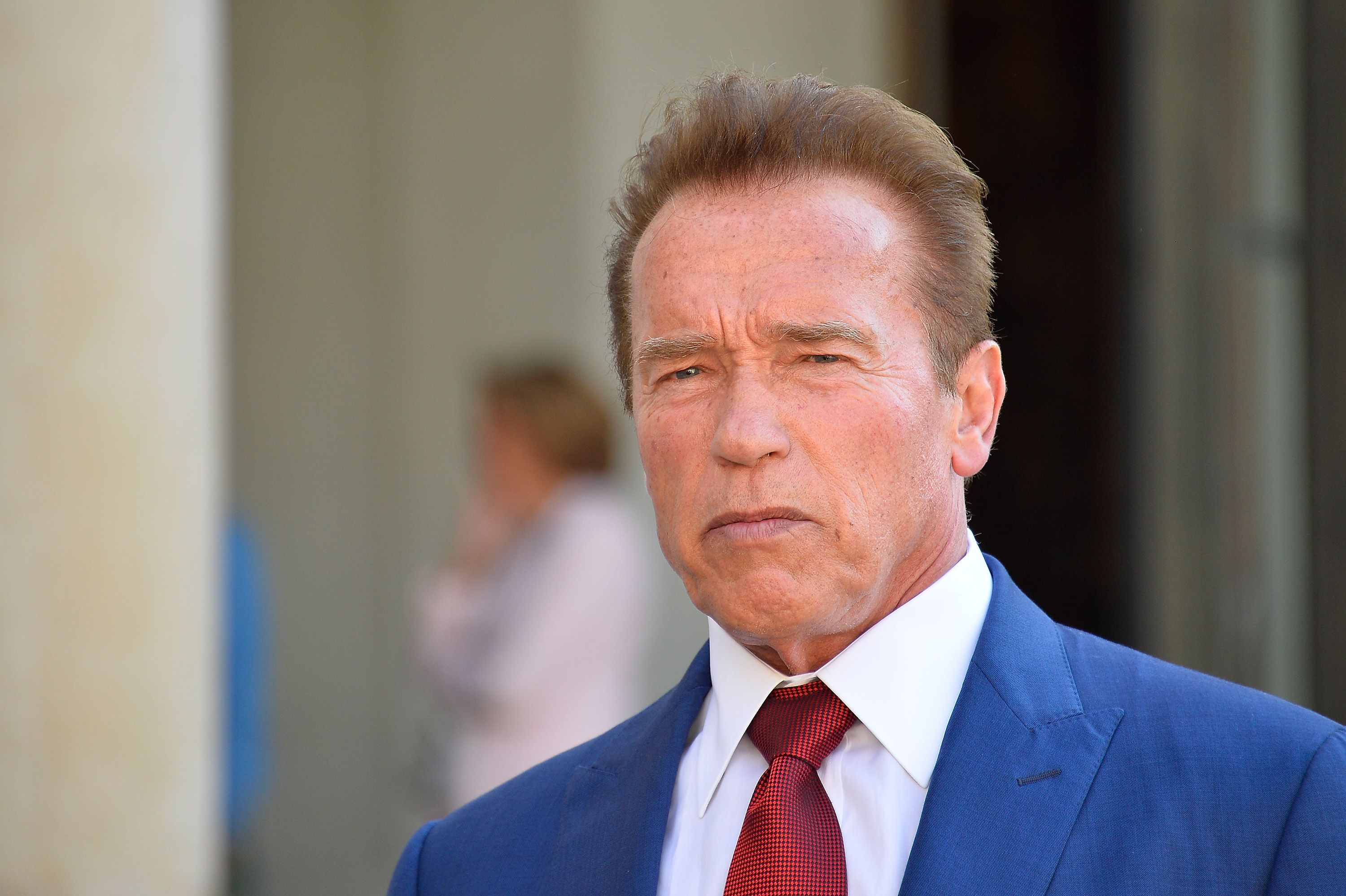 French President Emmanuel Macron Receives Arnold Schwarzenegger At Elysee Palace