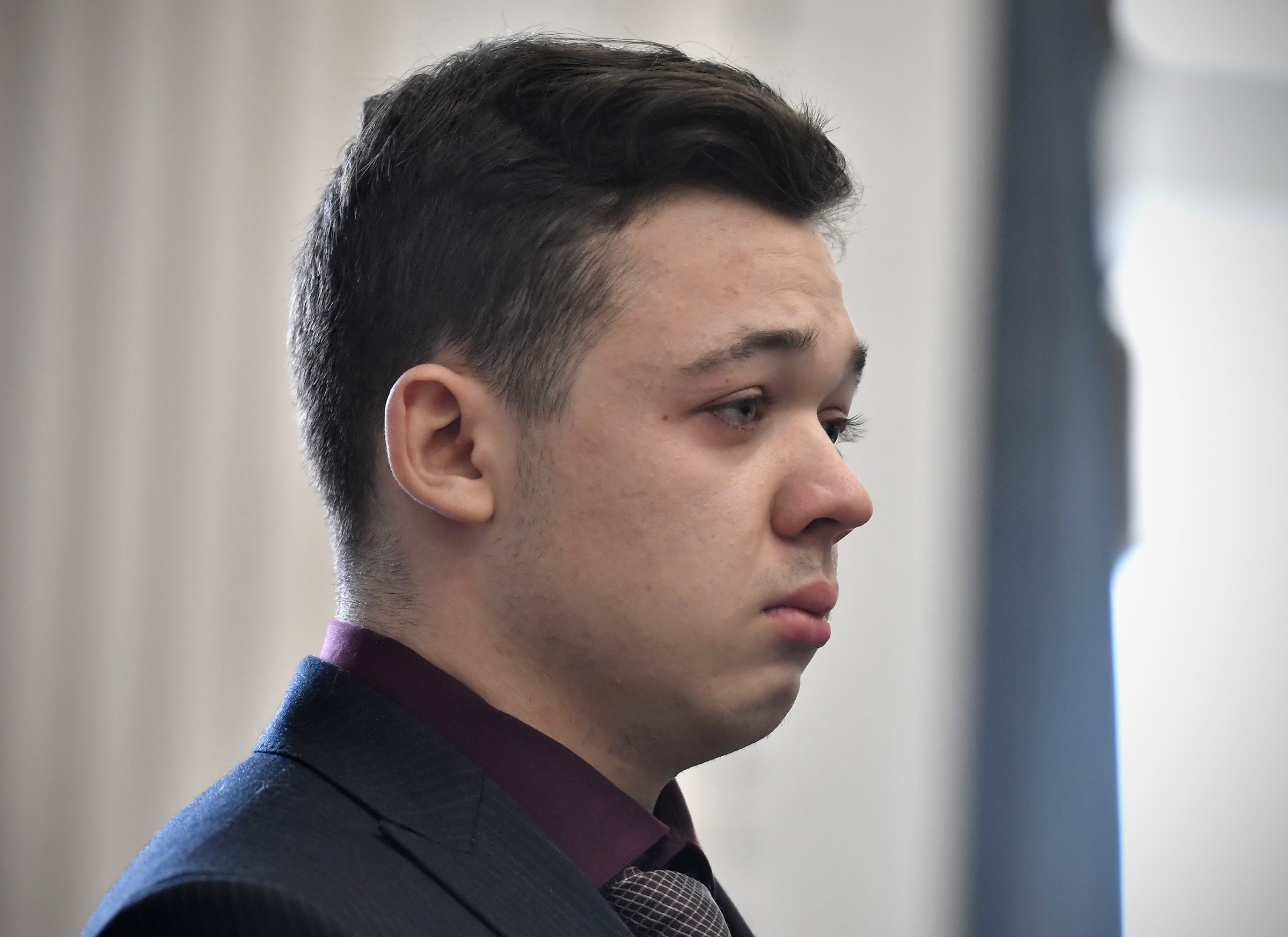 Kyle Rittenhouse reacts as he is found not guilty on all counts at the Kenosha County Courthouse on Nov. 19, 2021.