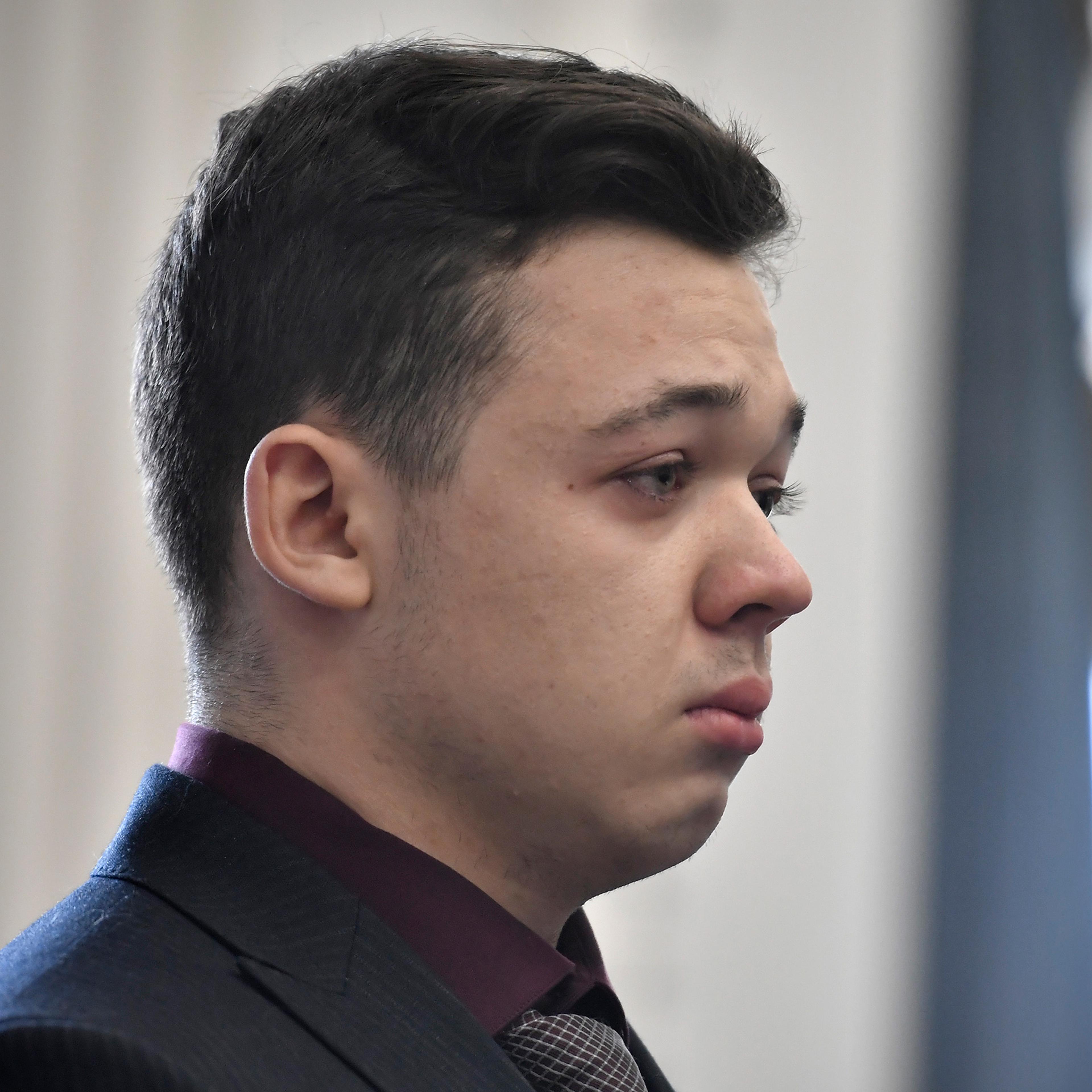 Kyle Rittenhouse reacts as he is found not guilty on all counts at the Kenosha County Courthouse on Nov. 19, 2021.