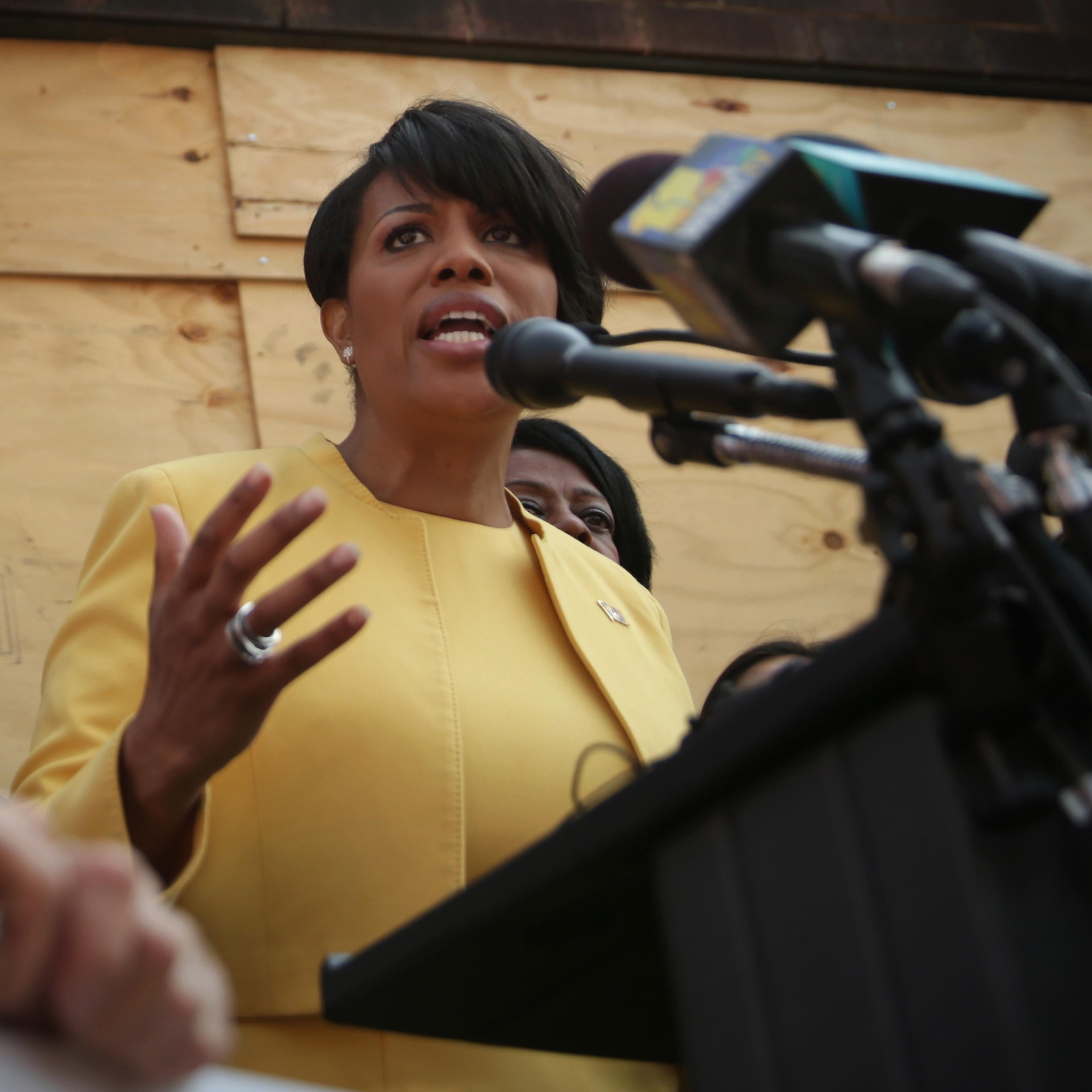 Mayor Stephanie Rawlings-Blake speaks during a news conference in front of the burned CVS in the Sandtown neighborhood on May 7, 2015 in Baltimore.