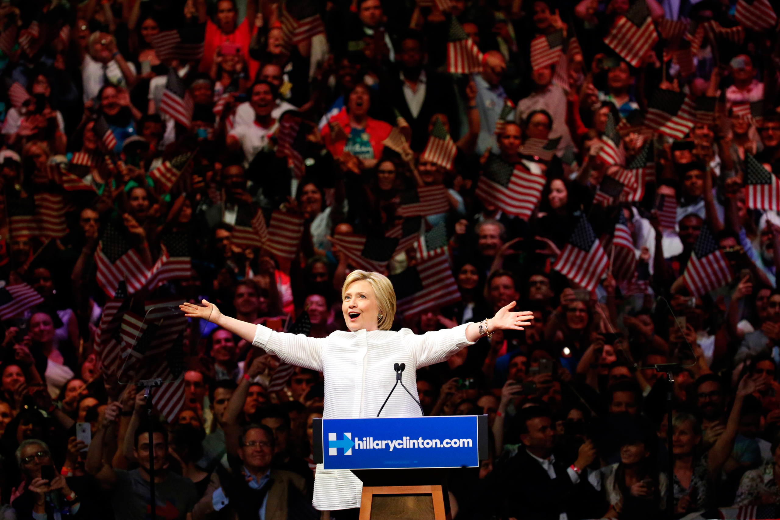 Democratic presidential candidate Hillary Clinton speaks during a presidential primary election night rally, Tuesday, June 7, 2016, in New York. (AP Photo/Julio Cortez)