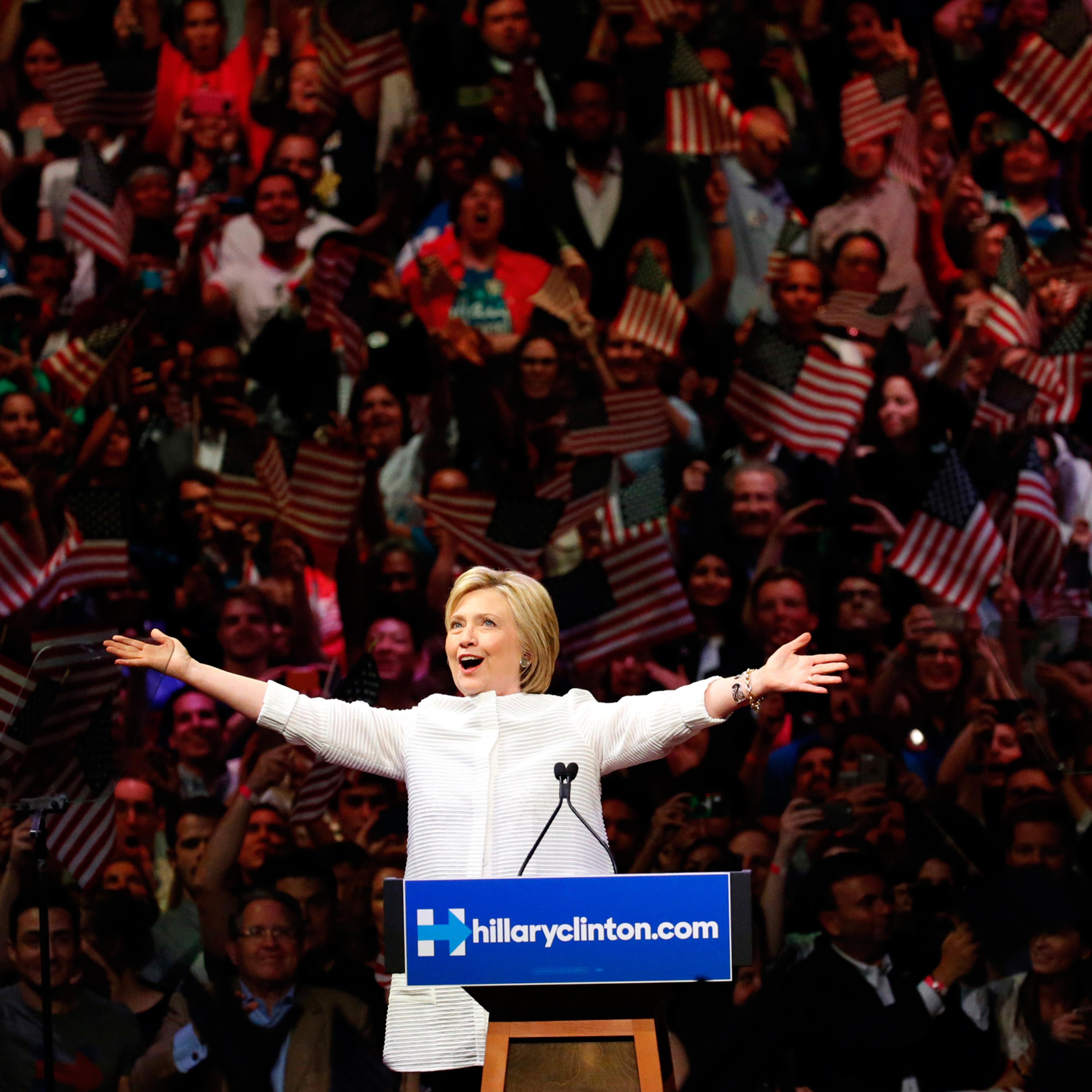 Democratic presidential candidate Hillary Clinton speaks during a presidential primary election night rally, Tuesday, June 7, 2016, in New York. (AP Photo/Julio Cortez)