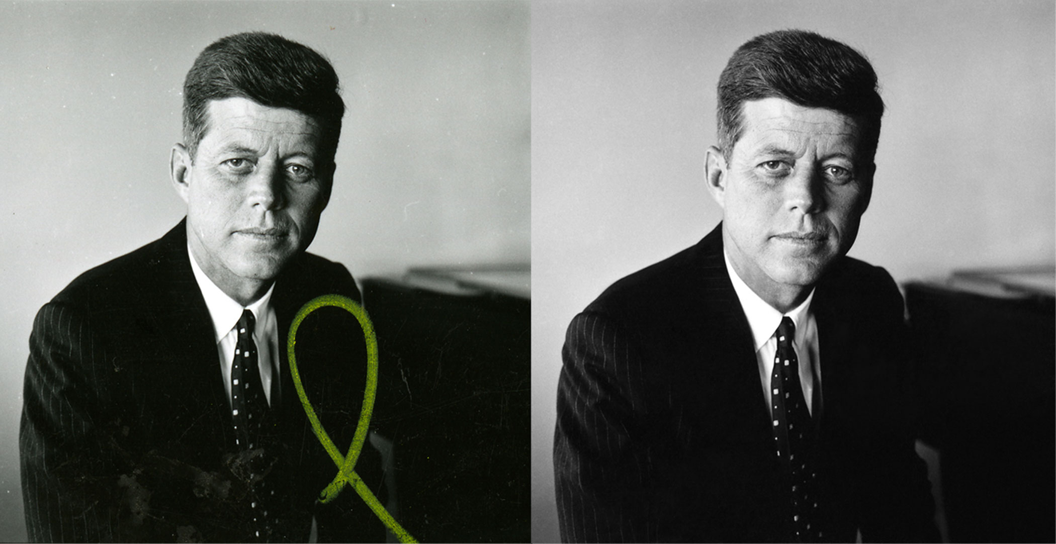 This is Jacques Lowe’s first portrait of John F. Kennedy, made during one of Kennedy’s rare days off from his 1958 Senate re-election campaign. To restore this image for the Newseum’s “Creating Camelot” exhibit, the image was cleaned, the tone adjusted a