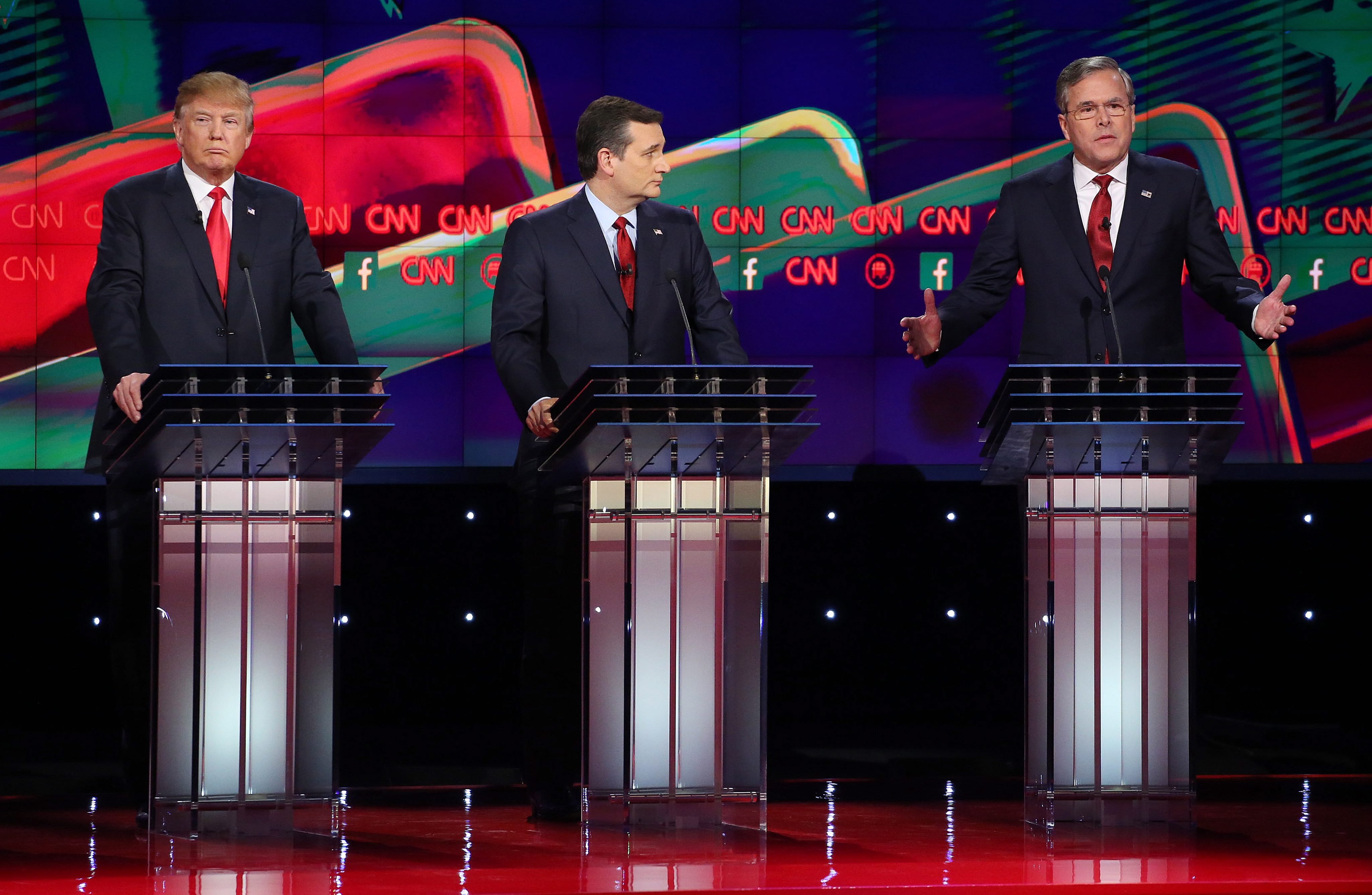 Donald Trump, Ted Cruz and Jeb Bush at the Republican presidential debate in Las Vegas on Dec. 15, 2015.