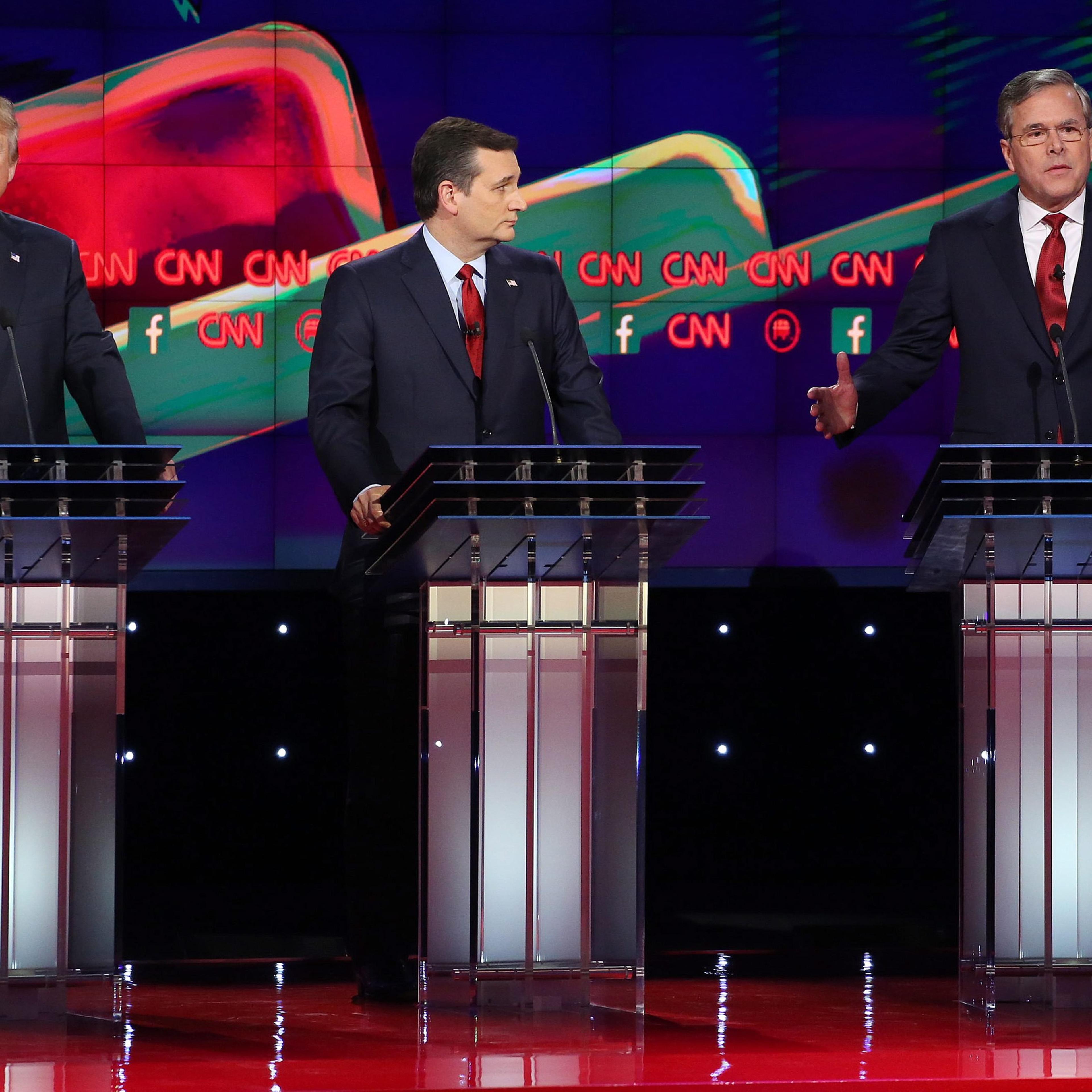 Donald Trump, Ted Cruz and Jeb Bush at the Republican presidential debate in Las Vegas on Dec. 15, 2015.