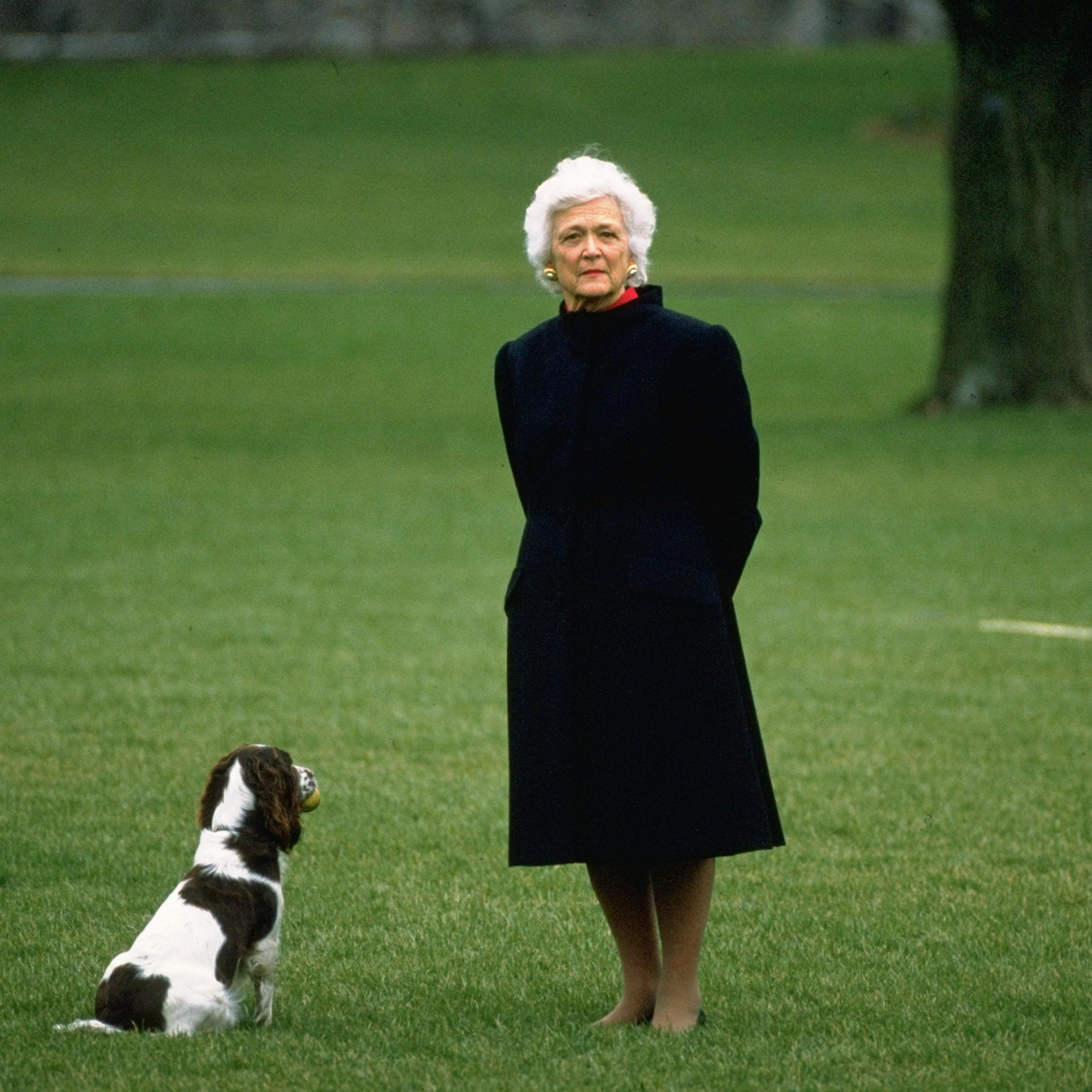 Barbara Bush with family dog Millie, on the White House lawn waiting for President Bush, 1989.