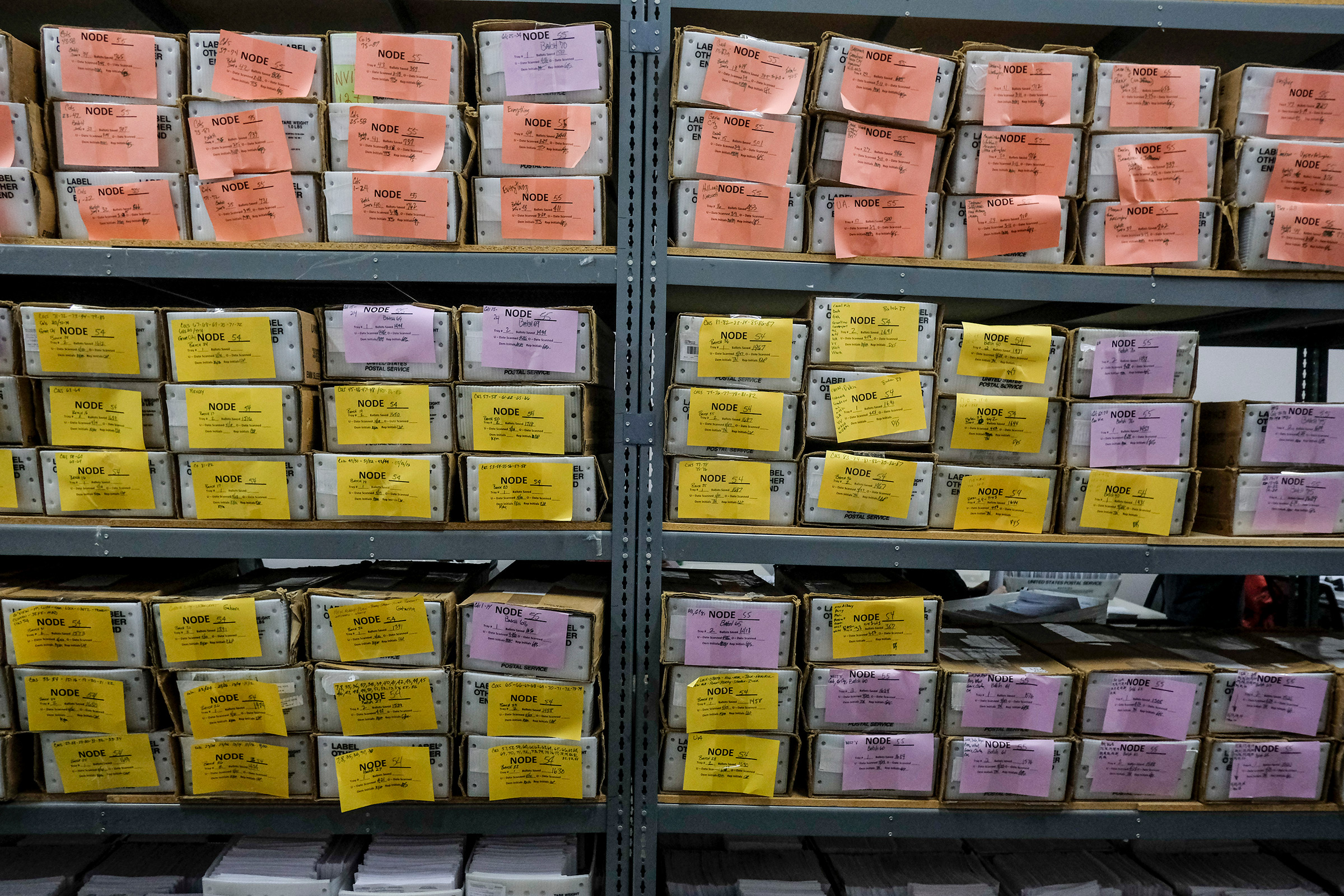 Ballots are stored at the Franklin County Board of Elections on April 28 in Columbus, Ohio on the final day of the the Primary Election. The election which was postponed on March 17, is almost exclusively mail in or absentee. The only residents allowed to vote in person are those who are disabled, have no permanent residence, or who requested a ballot by mail but never received it. 