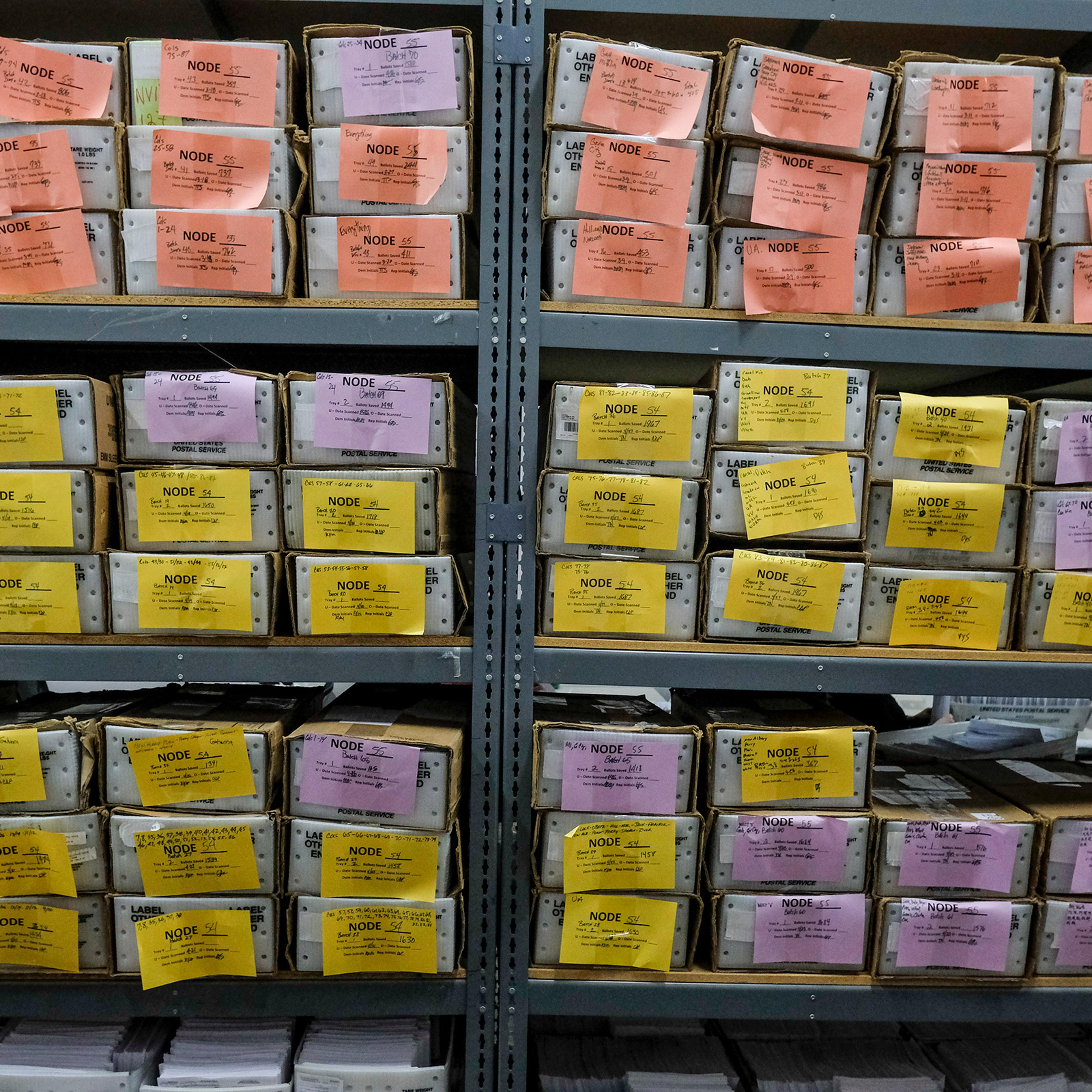Ballots are stored at the Franklin County Board of Elections on April 28 in Columbus, Ohio on the final day of the the Primary Election. The election which was postponed on March 17, is almost exclusively mail in or absentee. The only residents allowed to vote in person are those who are disabled, have no permanent residence, or who requested a ballot by mail but never received it.