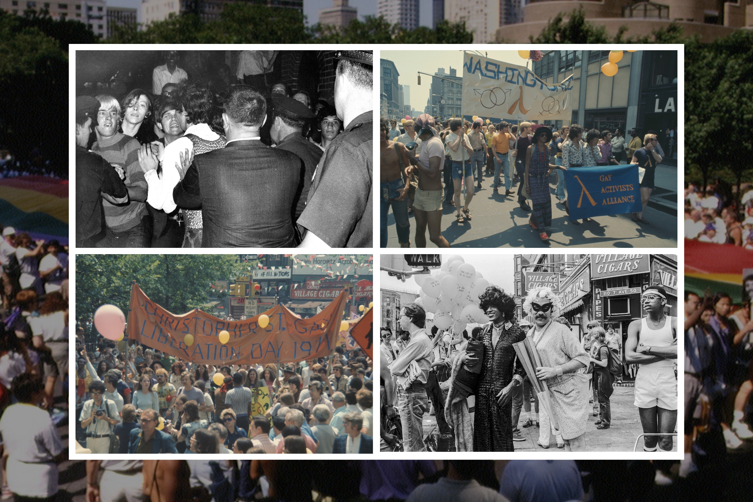 Clockwise from top-left: Crowd attempts to impede police arrests outside the Stonewall Inn on June 28, 1969; the Gay Activists Alliance march during Christopher Street Gay Liberation Day  in 1971; activist Marsha P. Johnson during the New York Pride March on June 27, 1982; Christopher Street Gay Liberation Day  in 1971. Background: Pride parade for 25th anniversary of Stonewall Riots in New York City.